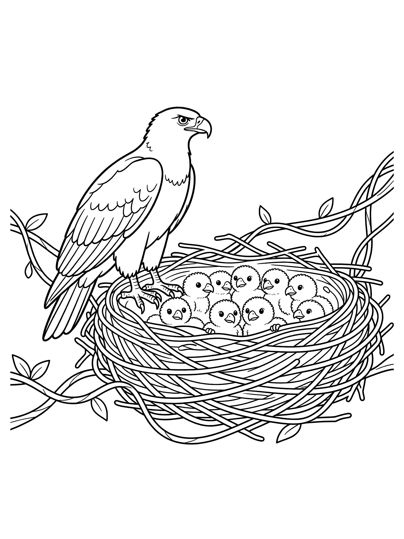 Black and white coloring page of a harpy eagle standing protectively beside a nest filled with fluffy chicks, twigs and leaves in the nest, vines nearby.