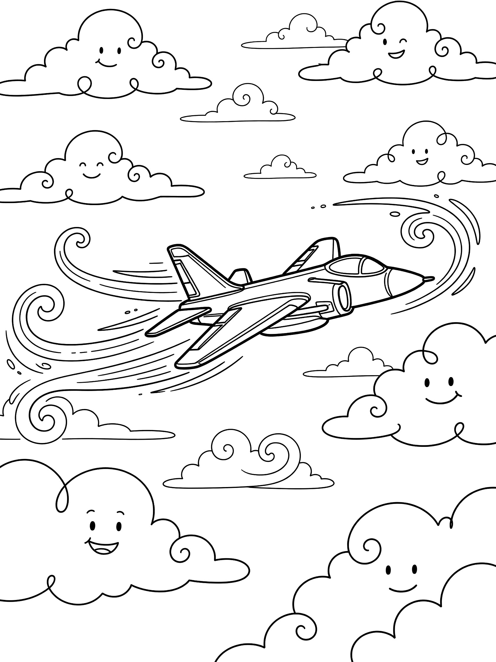 Doodle-style line art coloring page showing a Harrier Jet with motion trails flying speedily amid swirling clouds with happy faces