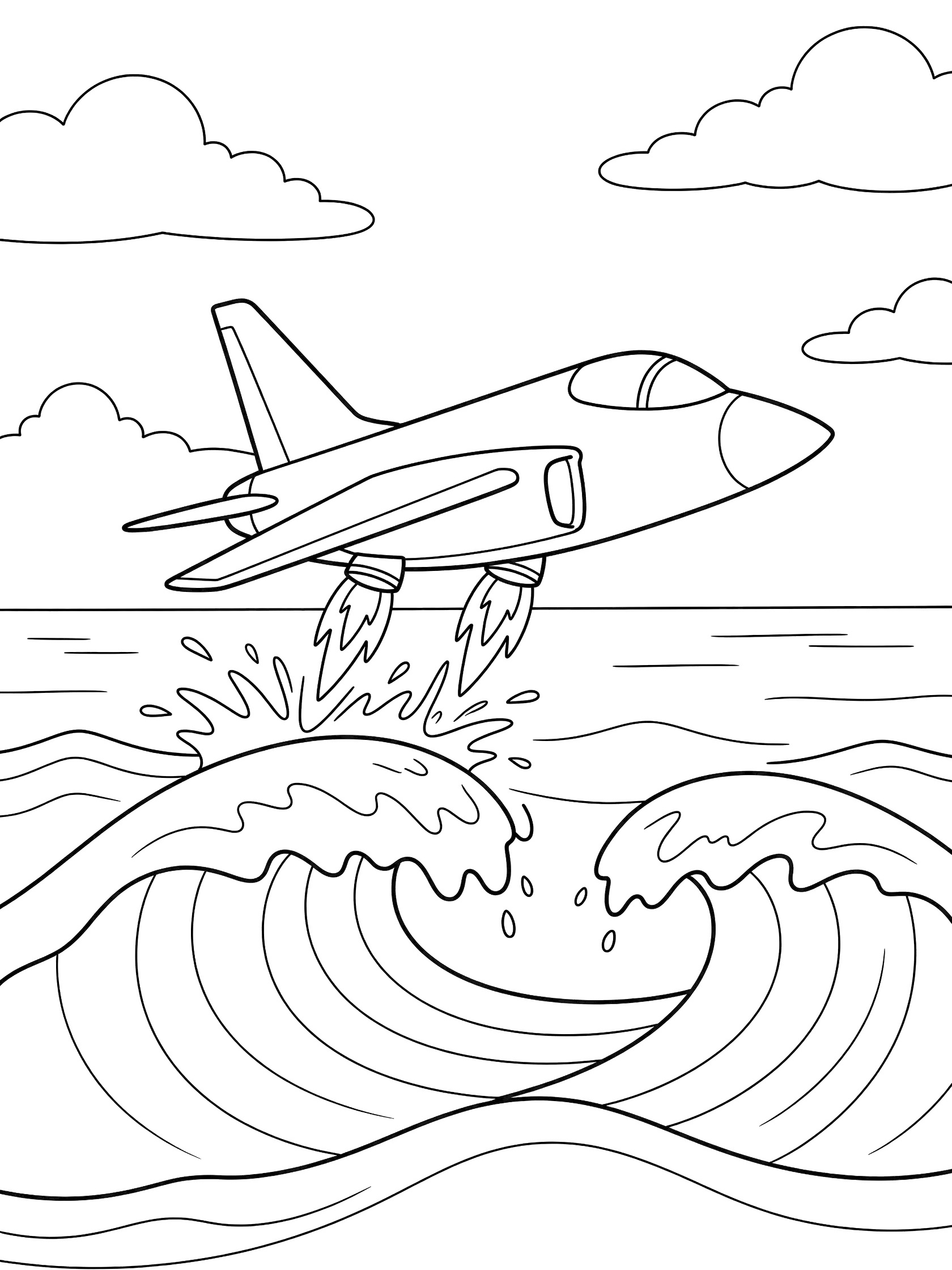 Line art coloring page showing a Harrier Jet hovering low over crashing ocean waves, with downward angled wings, engine nozzles blasting air, fluffy clouds, and sea spray.