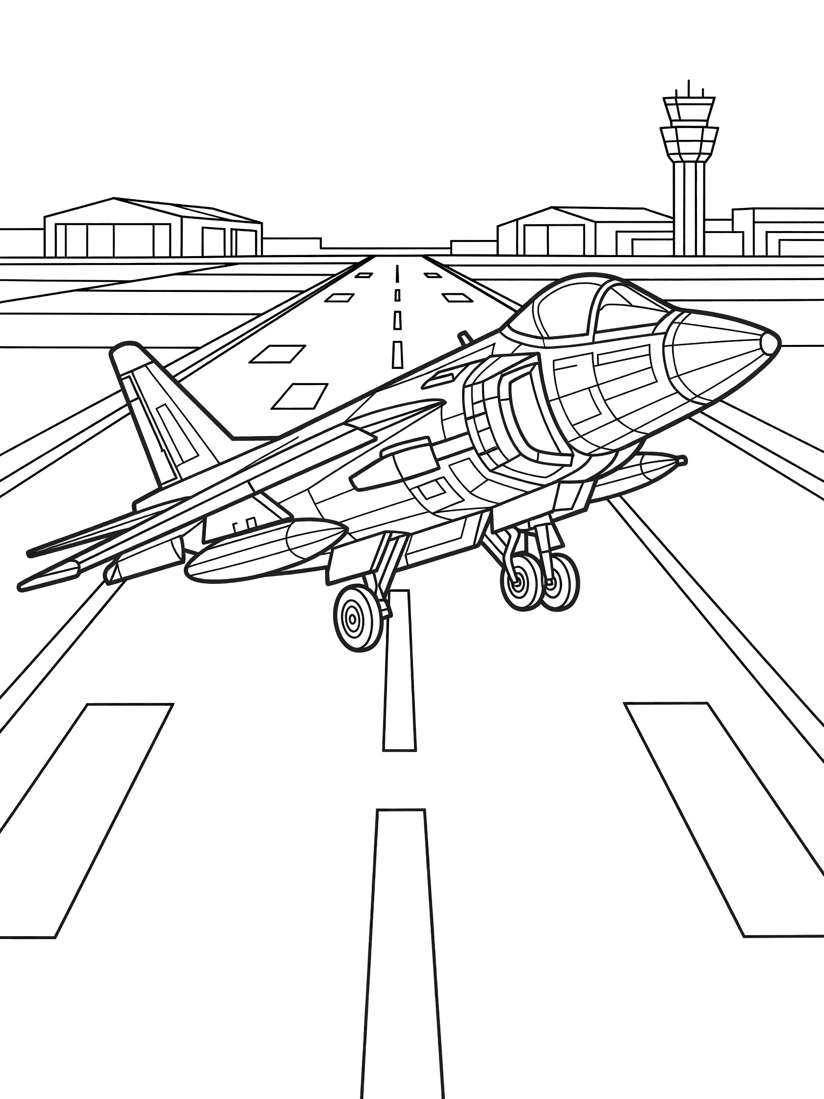 Black and white coloring page of Harrier Jet tilted downward landing on runway with extended gear, geometric details, airport hangars, and control tower.