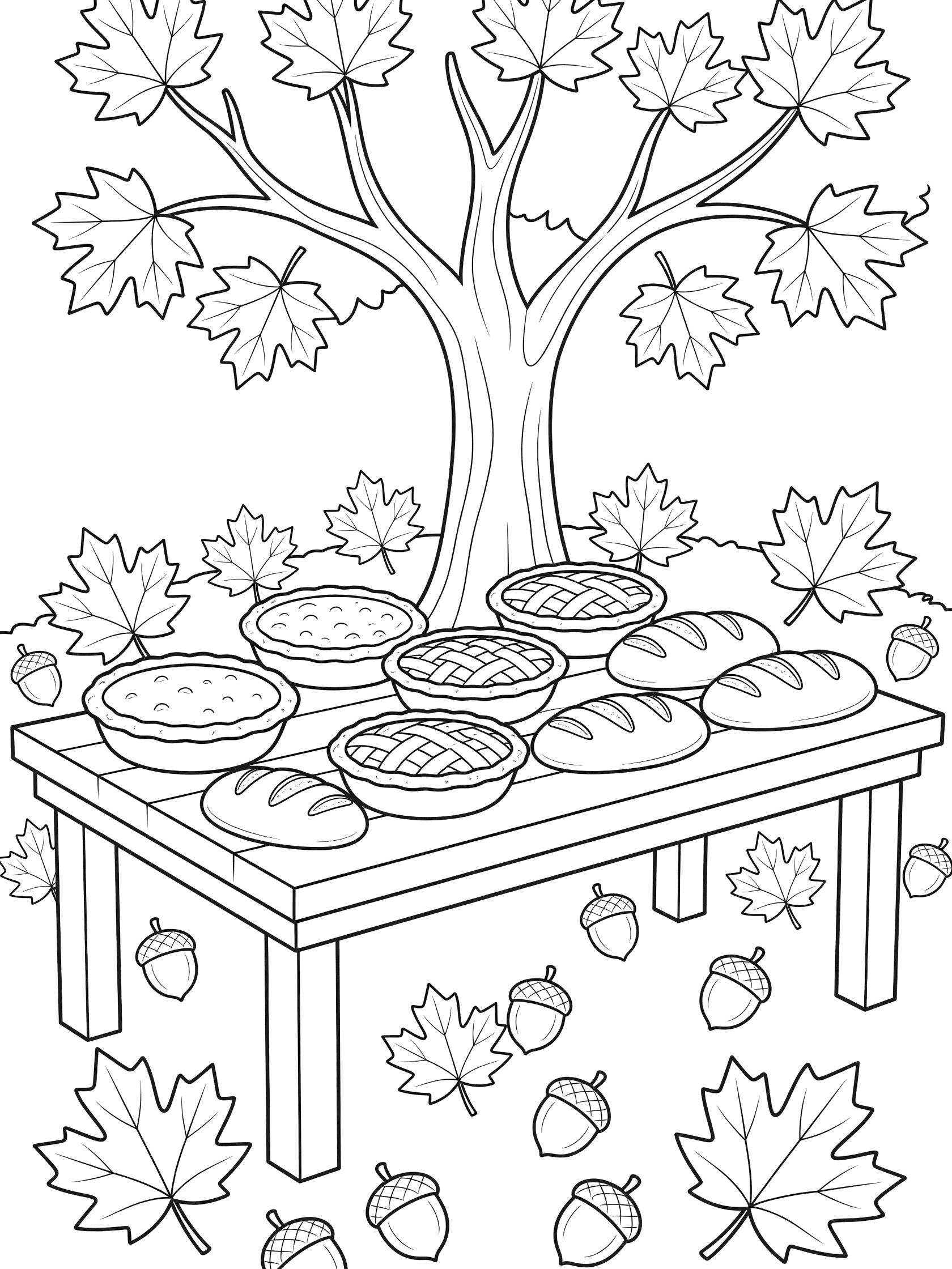 Black and white line art of a harvest table under an autumn tree with pies, breads, maple leaves and acorns