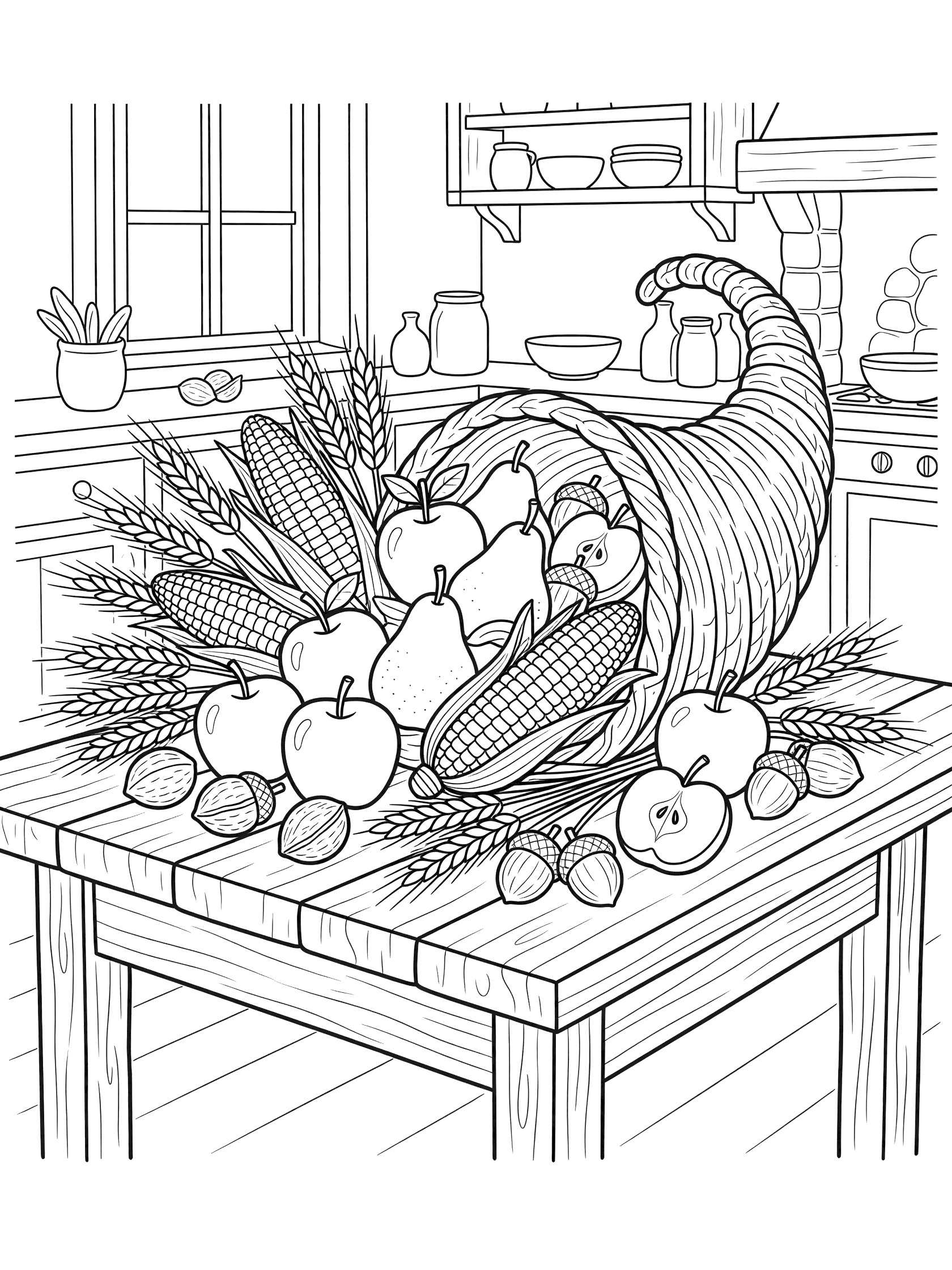 Black and white line art of a harvest table with cornucopia centerpiece overflowing with apples, pears, corn ears, wheat sheaves, and nuts on a wooden table in a kitchen