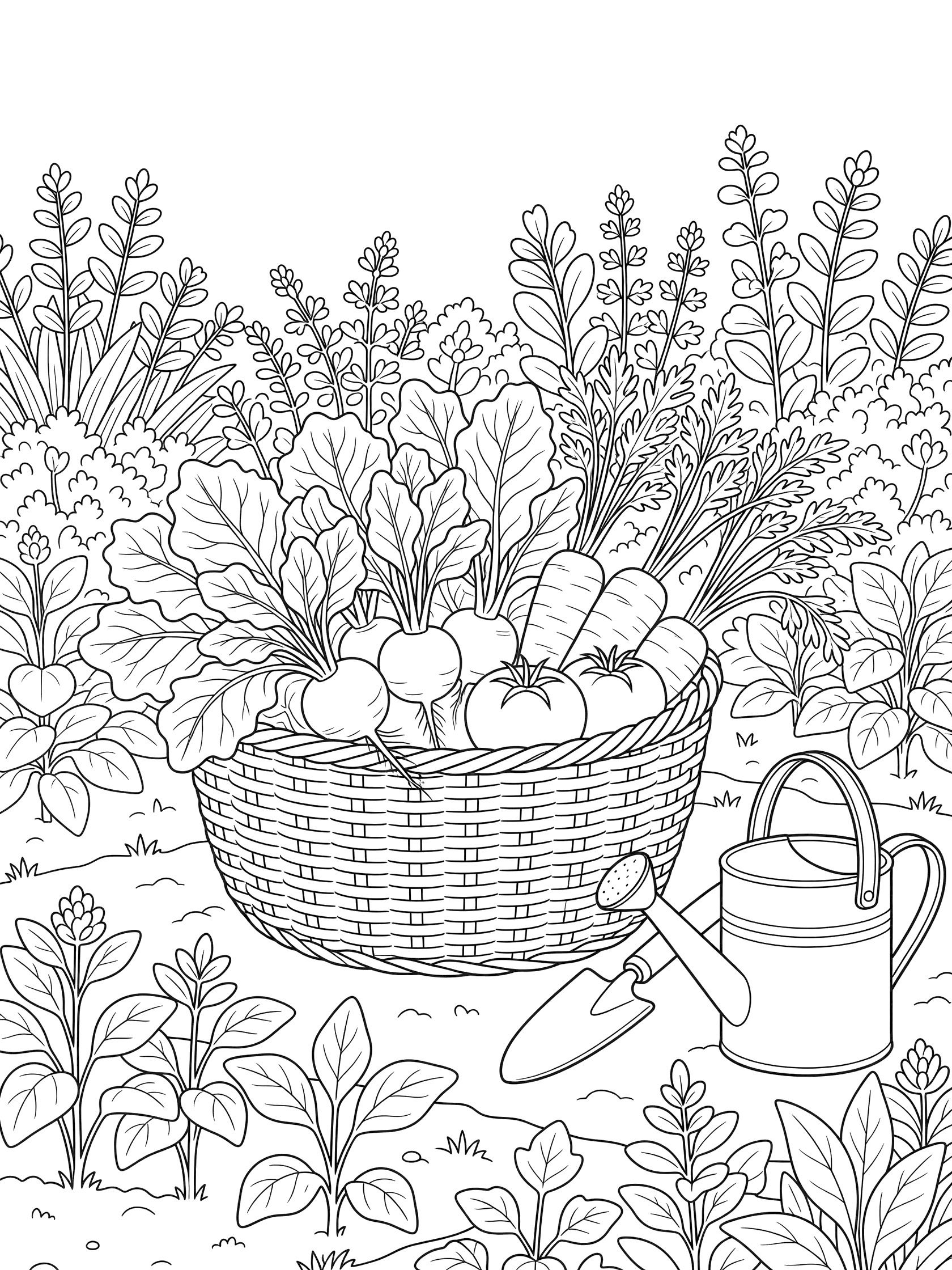 Black-and-white coloring page of woven basket with lettuce leaves, radishes, carrots, and tomatoes from garden, next to trowel and watering can.