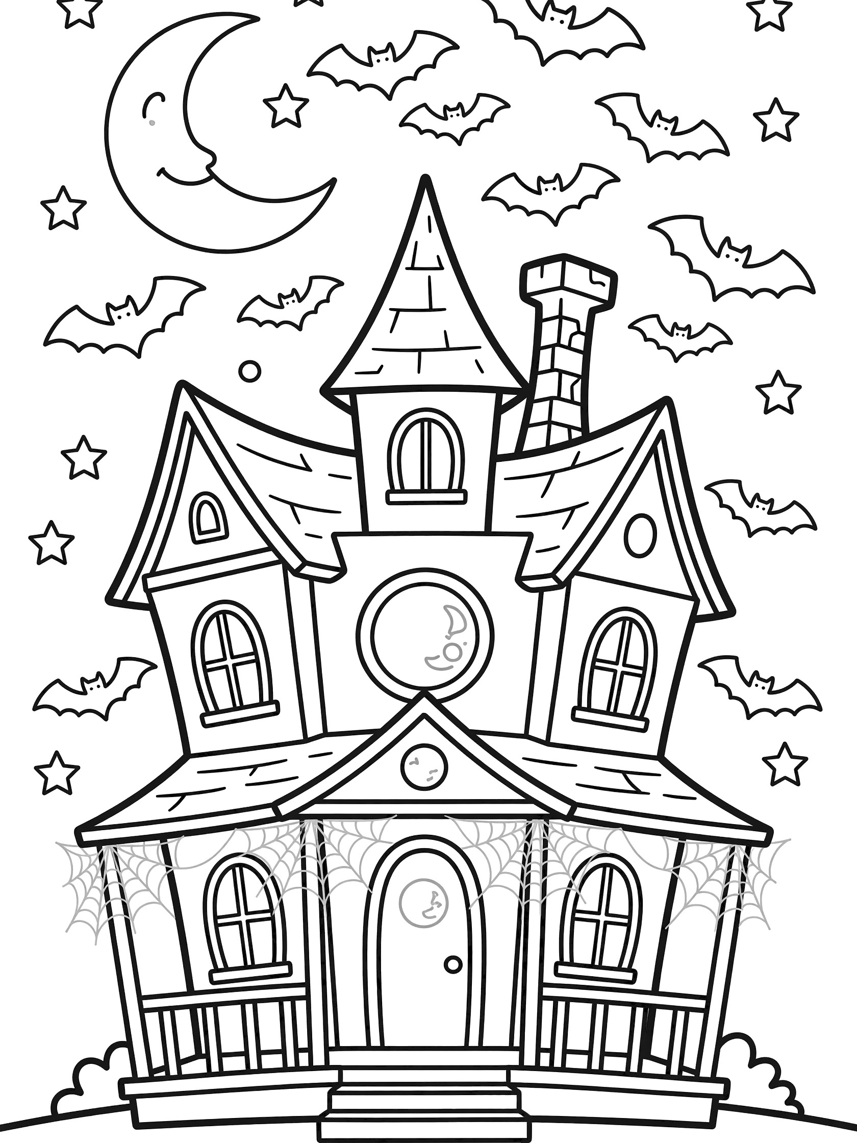 Cute cartoon Haunted House coloring page featuring bats flying around the chimney and roof, starry Halloween sky with crescent moon, moon-shaped windows, and light spiderwebs on the front porch.