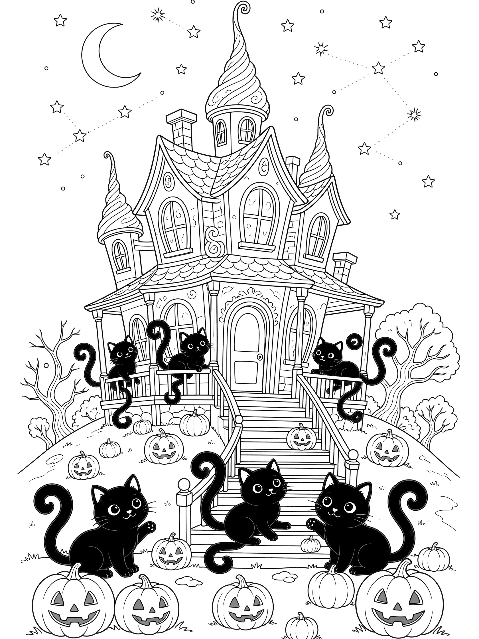 Black and white line art of a kawaii haunted house on a hill with adorable black cats on the porch rails and steps, surrounded by pumpkins under a starry sky with crescent moon.