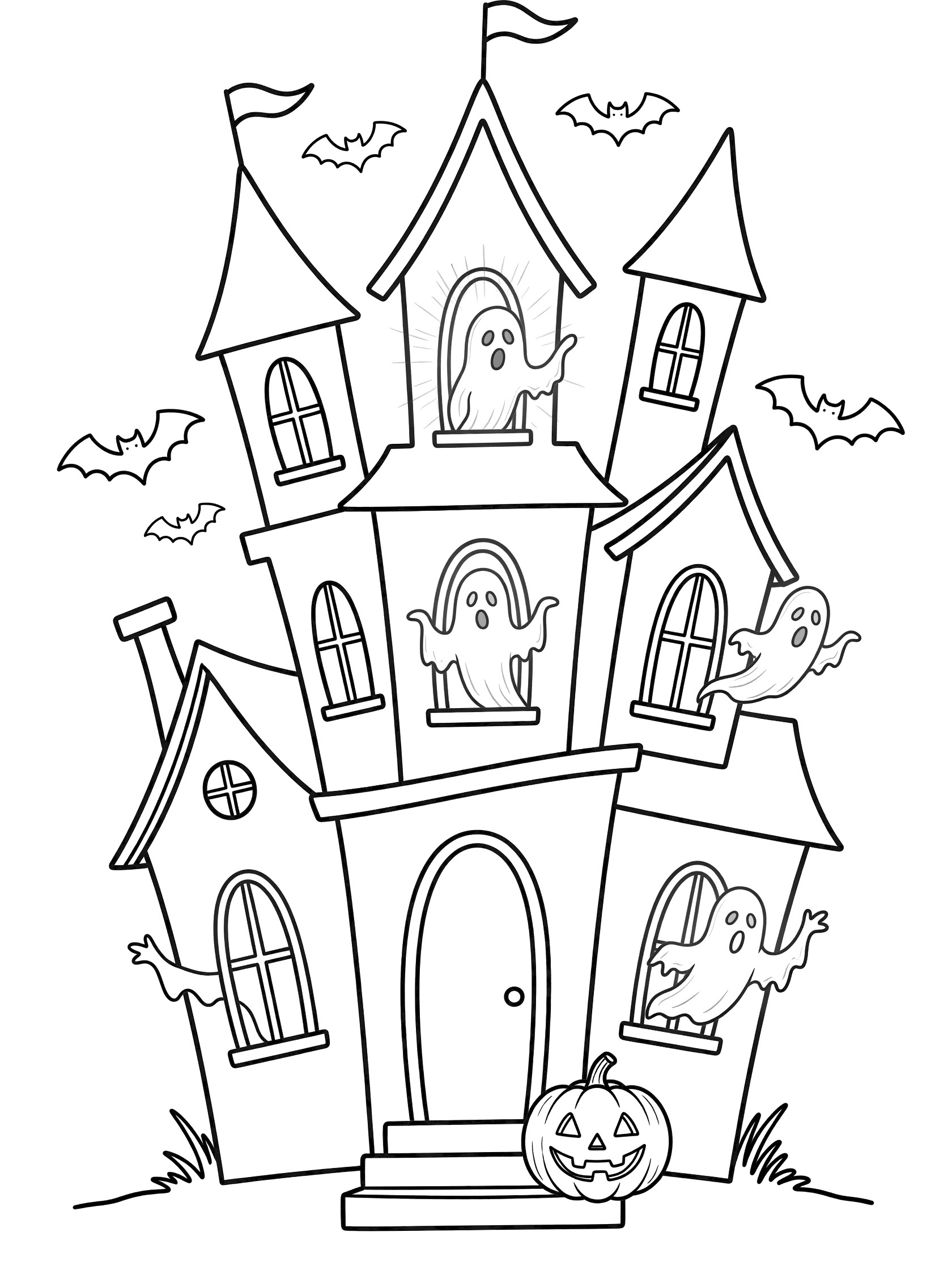 Whimsical haunted house coloring page with ghosts waving from windows, bats, and a jack-o-lantern pumpkin on the steps