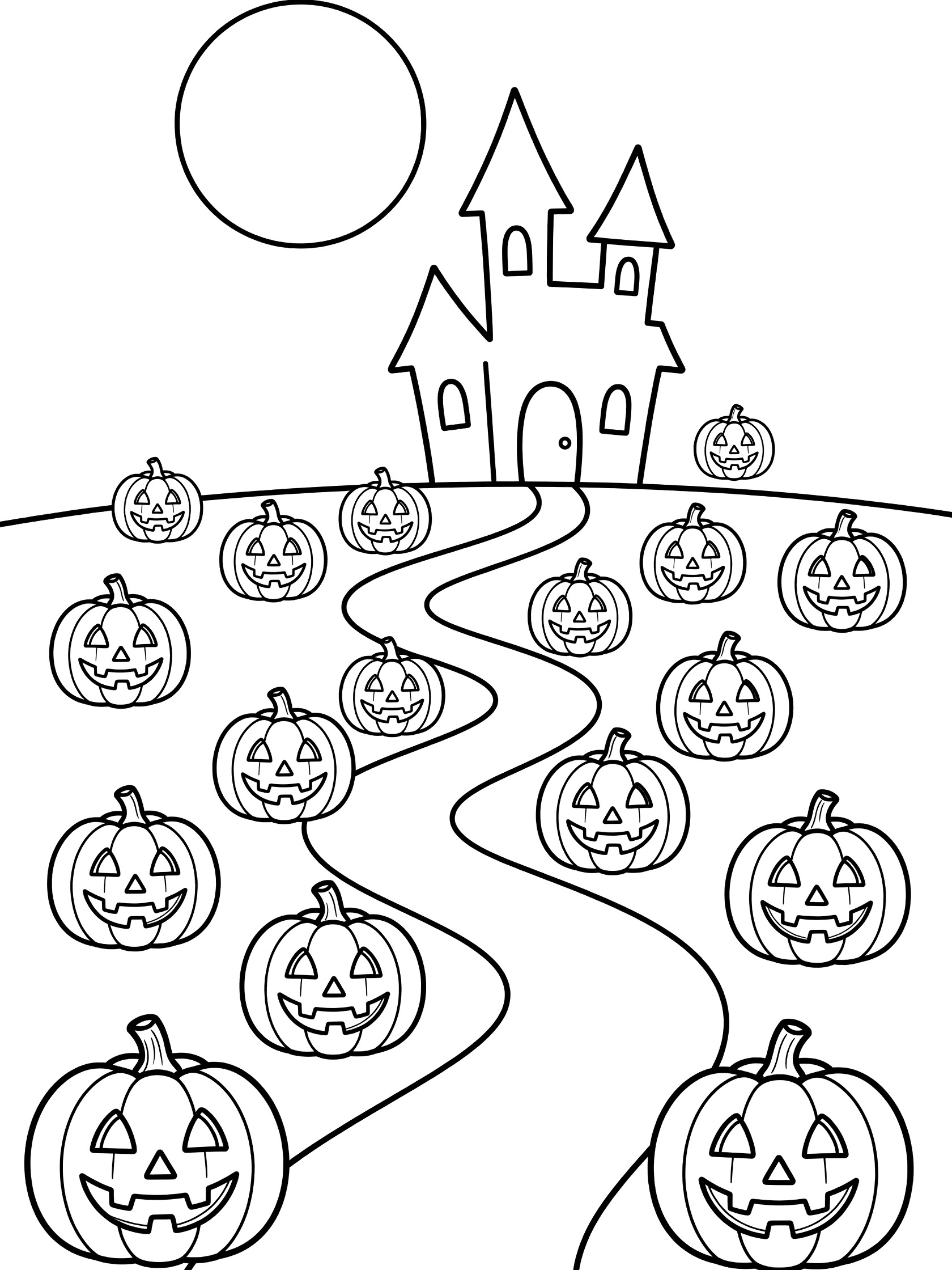 Black and white line art of a haunted house at the end of a winding path lined with jack-o-lanterns, full moon above, for Halloween coloring.