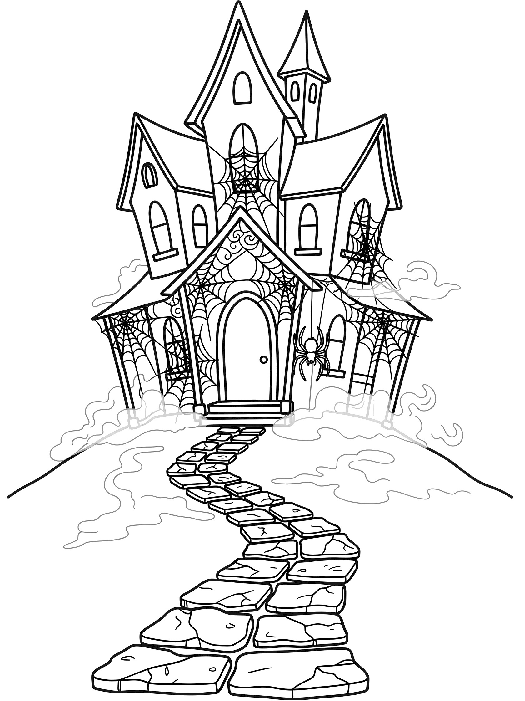 Black and white line art of a Haunted House on a foggy hill with thick spider webs draping the grand entrance and windows, large spider hanging above, and cracked path.