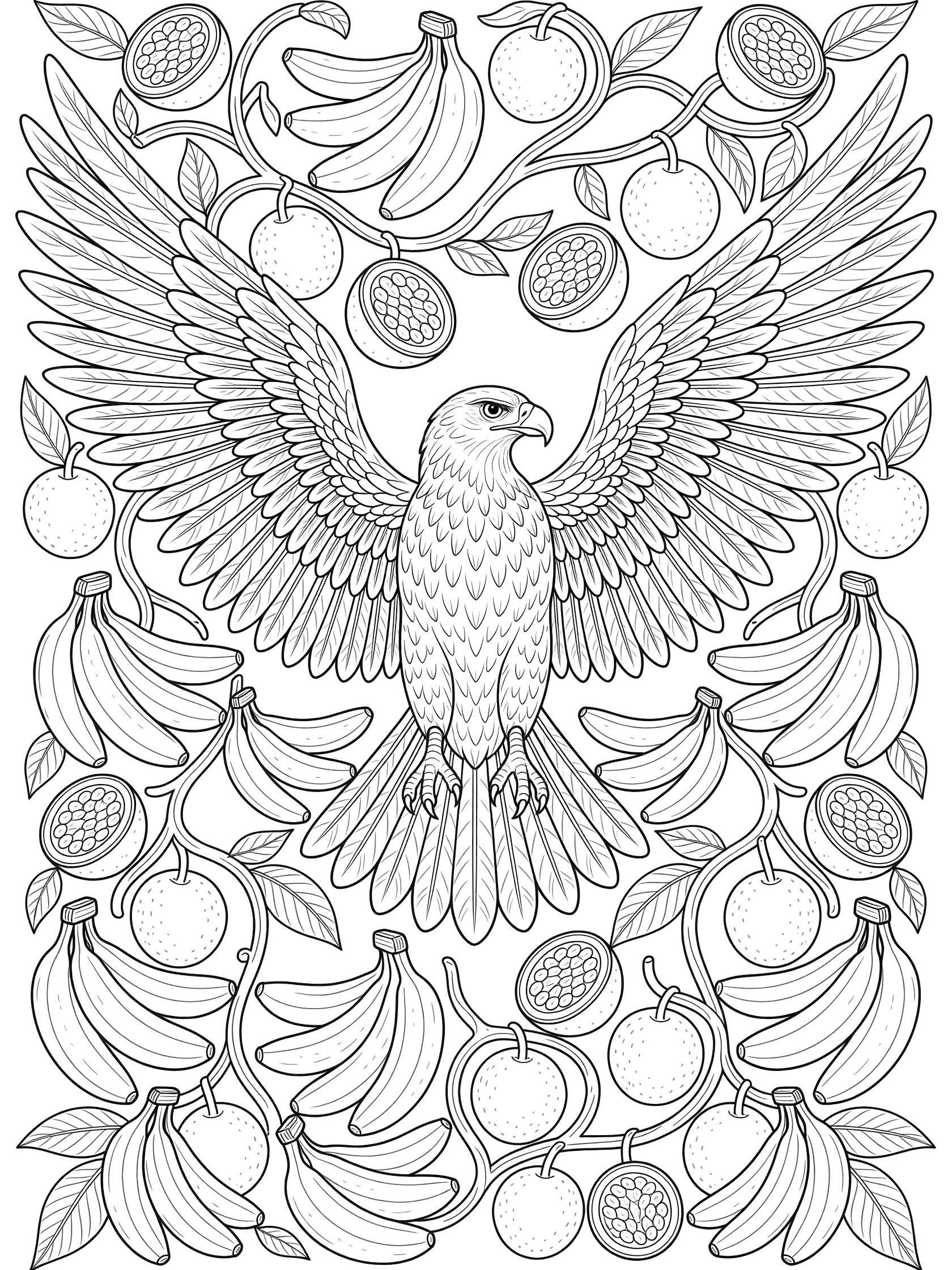 Detailed line art coloring page showing a central hawk eagle with outstretched wings, detailed feathers, sharp beak and talons, interwoven with bunches of bananas and round passionfruit-like fruits on curving vines, symmetrical design. Harpy Eagle themed black and white printable line art