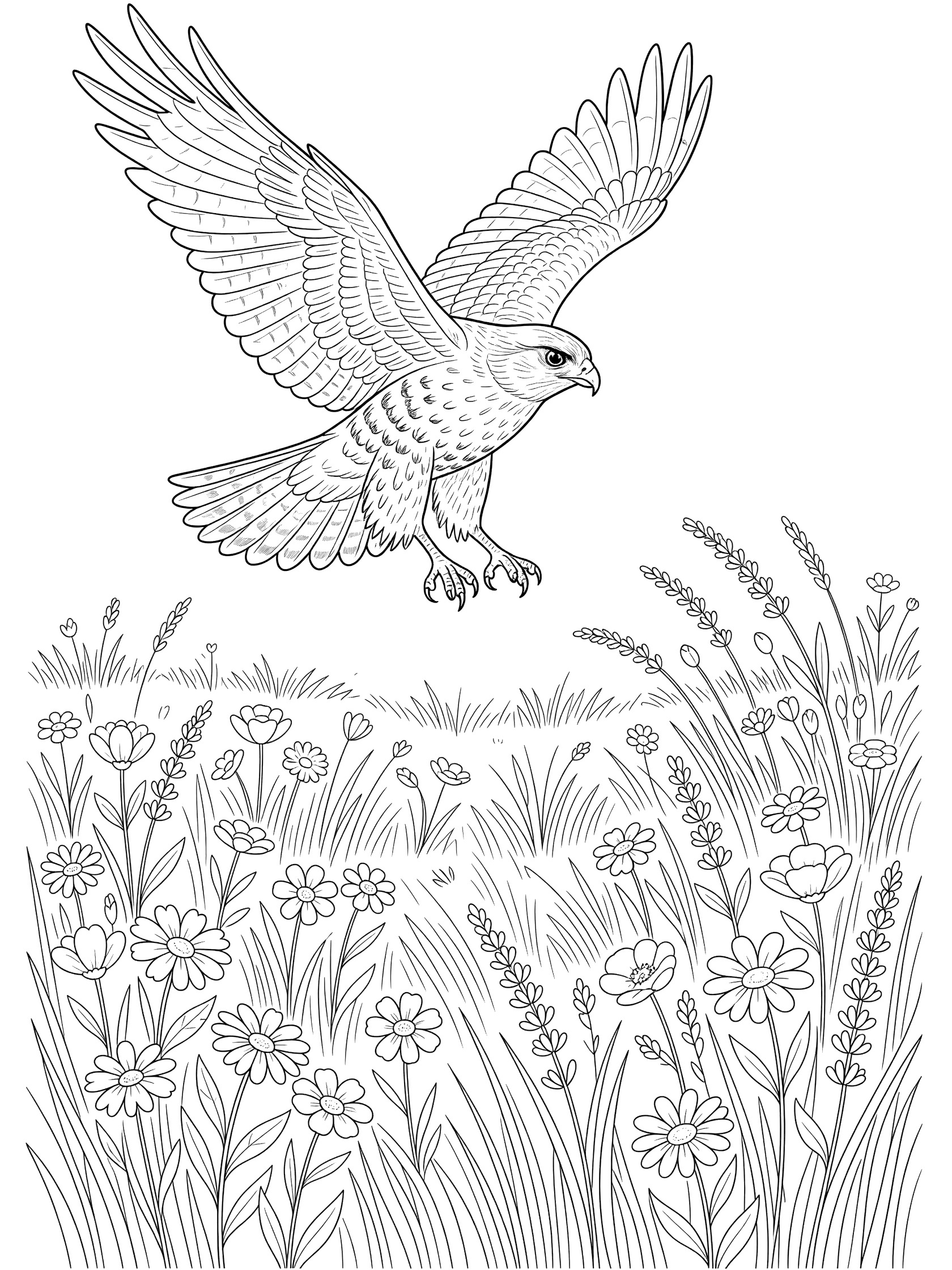 Black and white line art coloring page showing a hawk with spread wings diving toward a meadow filled with grass and flowers.