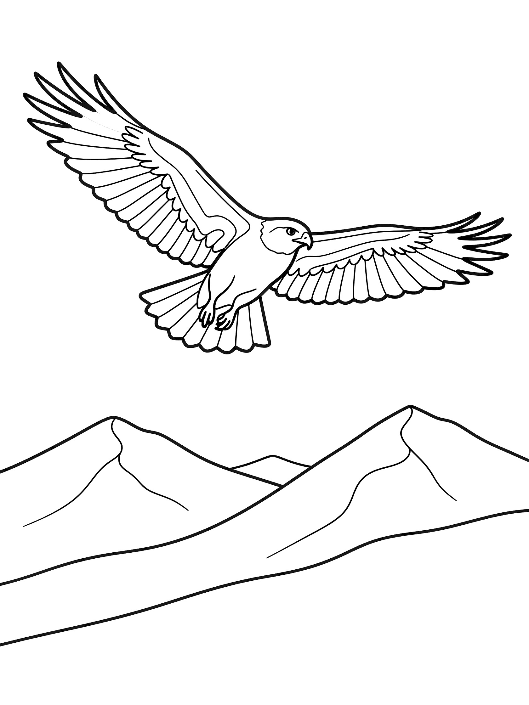 Black and white line art coloring page showing a hawk flying with wide wings and fanned tail over a range of pointy mountains.