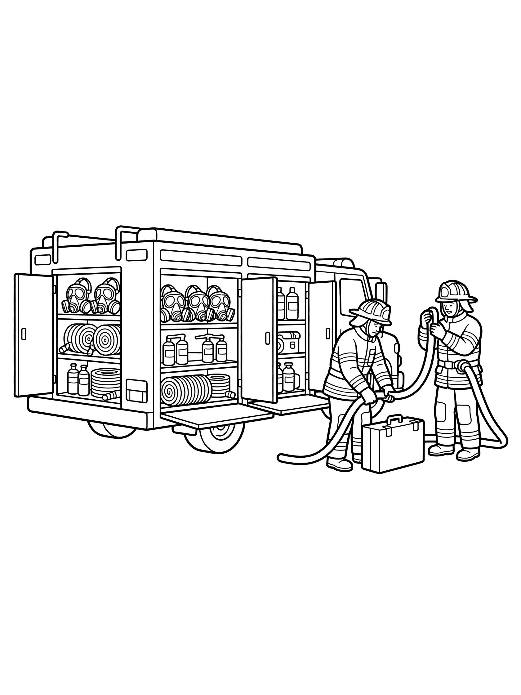 Black and white line art coloring page showing a large hazmat truck with open compartments full of hoses, masks, foam cans, and bottles. Two firefighters in gear stand nearby holding a hose and toolbox. Rescue Truck themed black and white printable line art