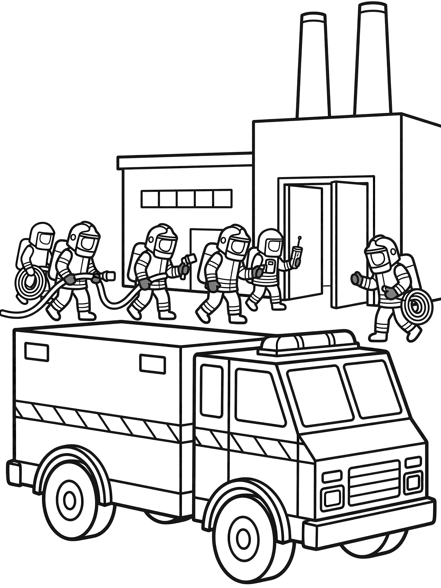 Black and white line art of a hazmat truck parked at a factory with firefighters carrying hoses and tools toward the open doors.