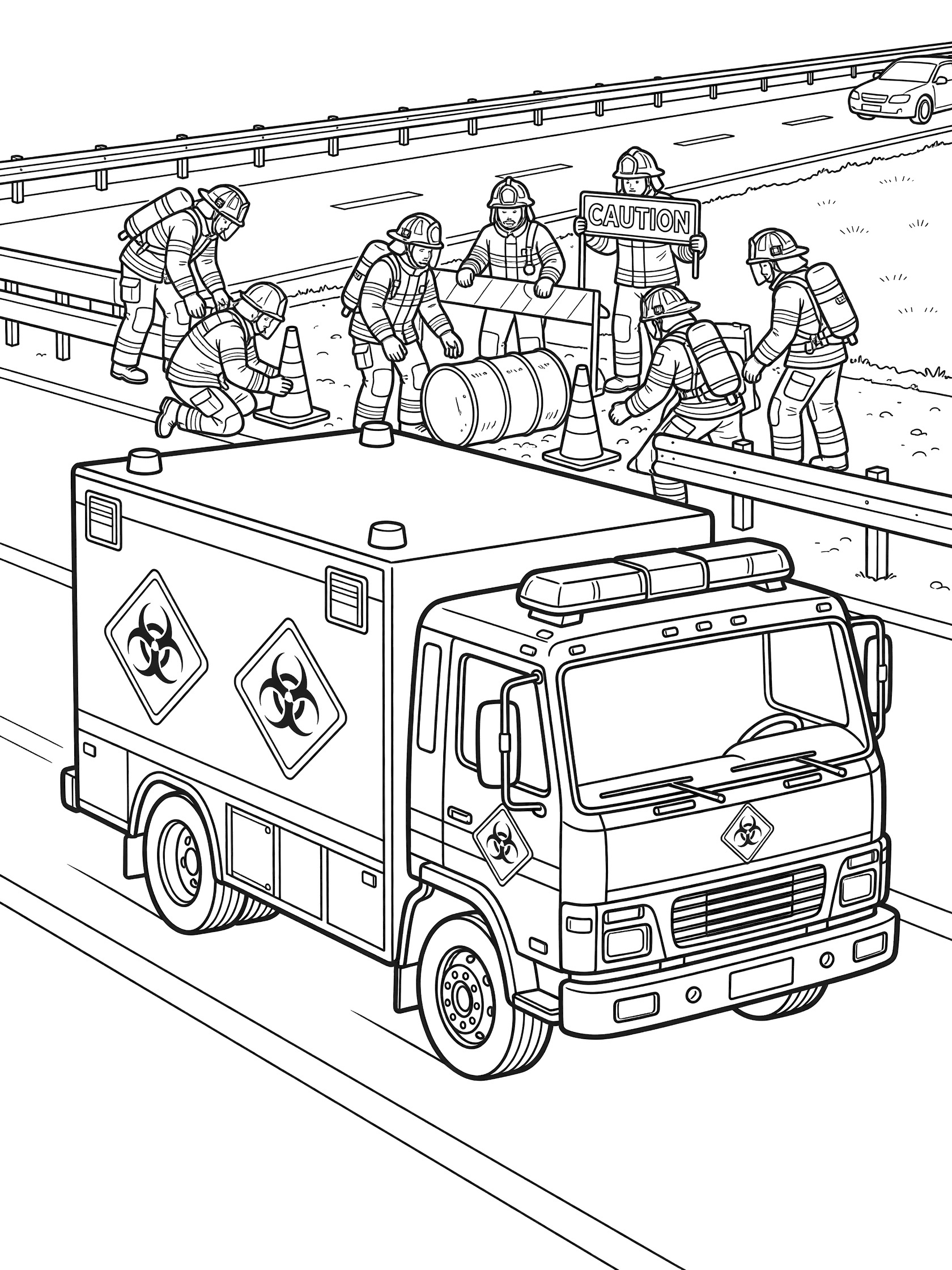 Black and white line art of a hazmat truck driving on a highway with emergency lights, firefighters in suits placing orange cones and caution signs near an overturned barrel on the roadside.