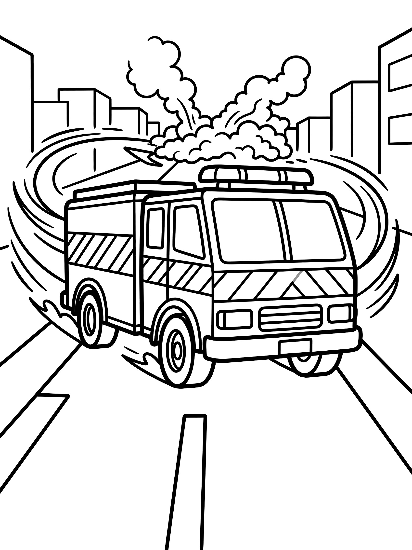 Black and white coloring page showing a Hazmat Truck racing forward on a street toward smoke from a chemical spill, with buildings, road lines, and dynamic speed lines.