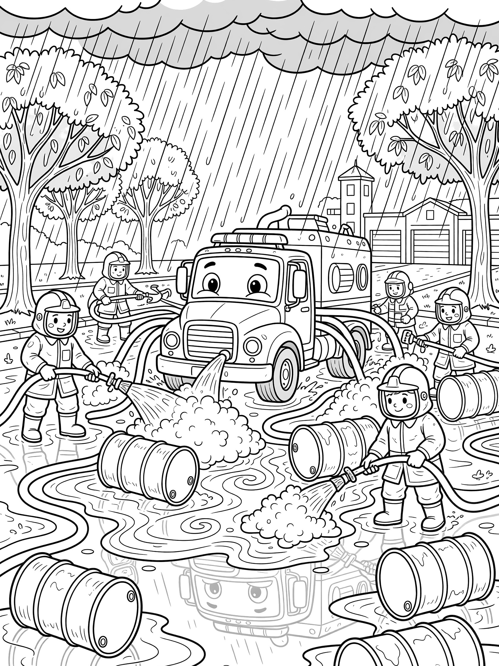 Cute cartoon hazmat truck with big eyes spraying foam from hoses to clean chemical spill from overturned barrels in rainy street scene with hazmat team, puddles, trees, and fire station.