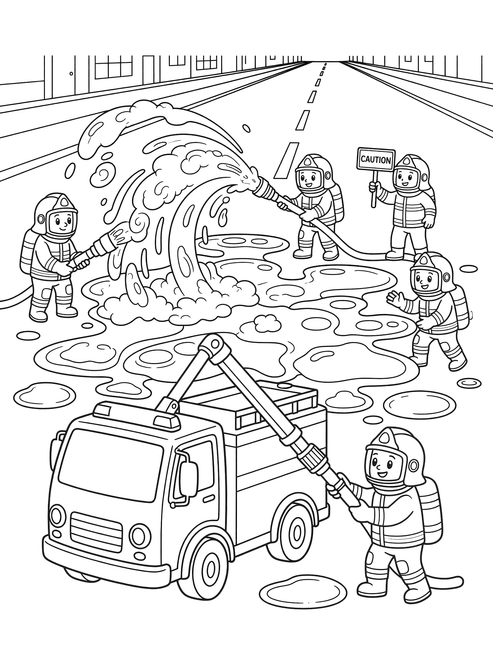Black and white coloring page of a hazmat truck with extendable nozzle spraying foam on chemical spill puddles, firefighters in bulky suits directing hose and holding caution signs on city street.