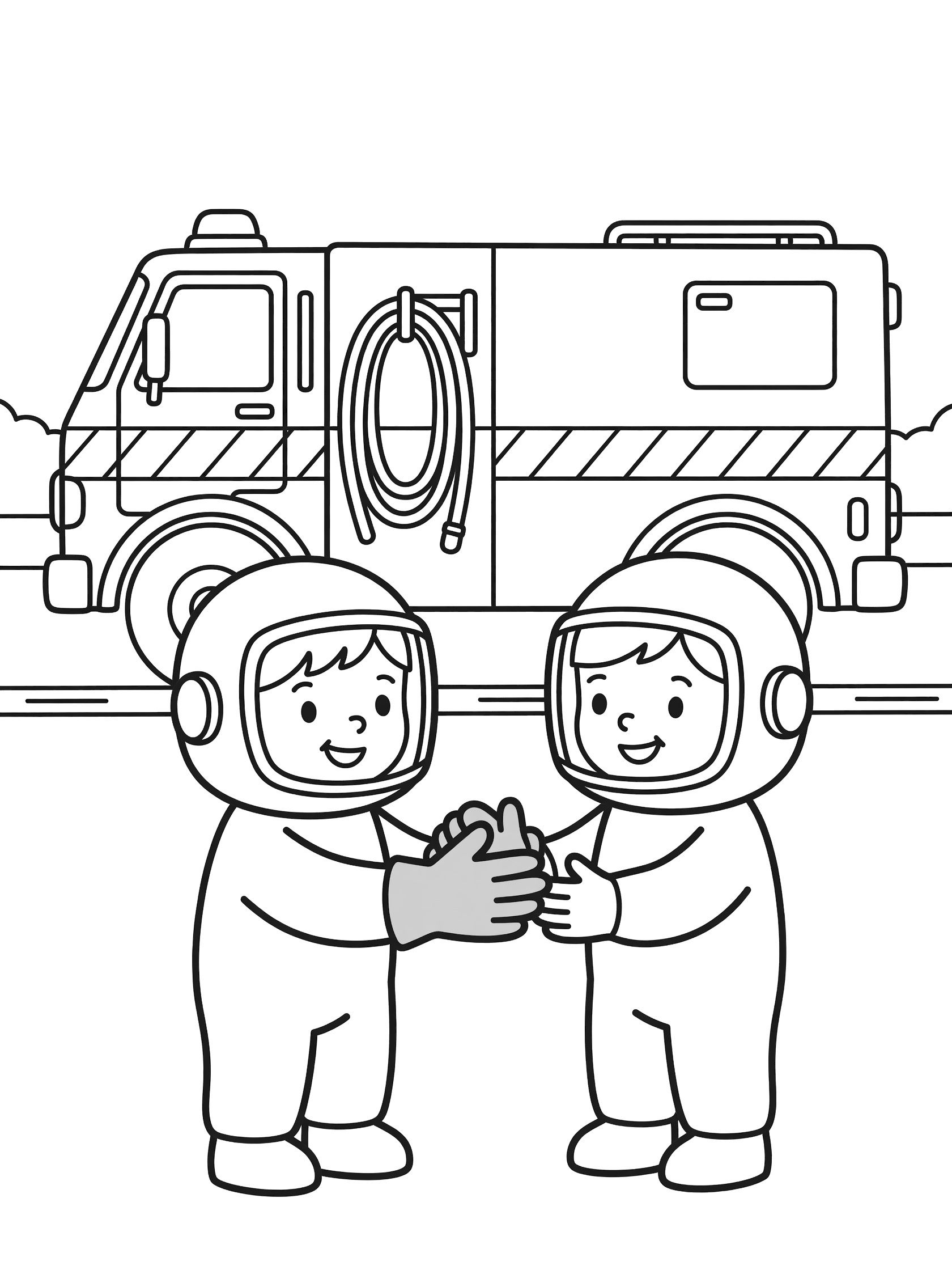 Line art coloring page showing two friendly hazmat workers in suits helping each other with yellow gloves beside a large hazmat truck on a road