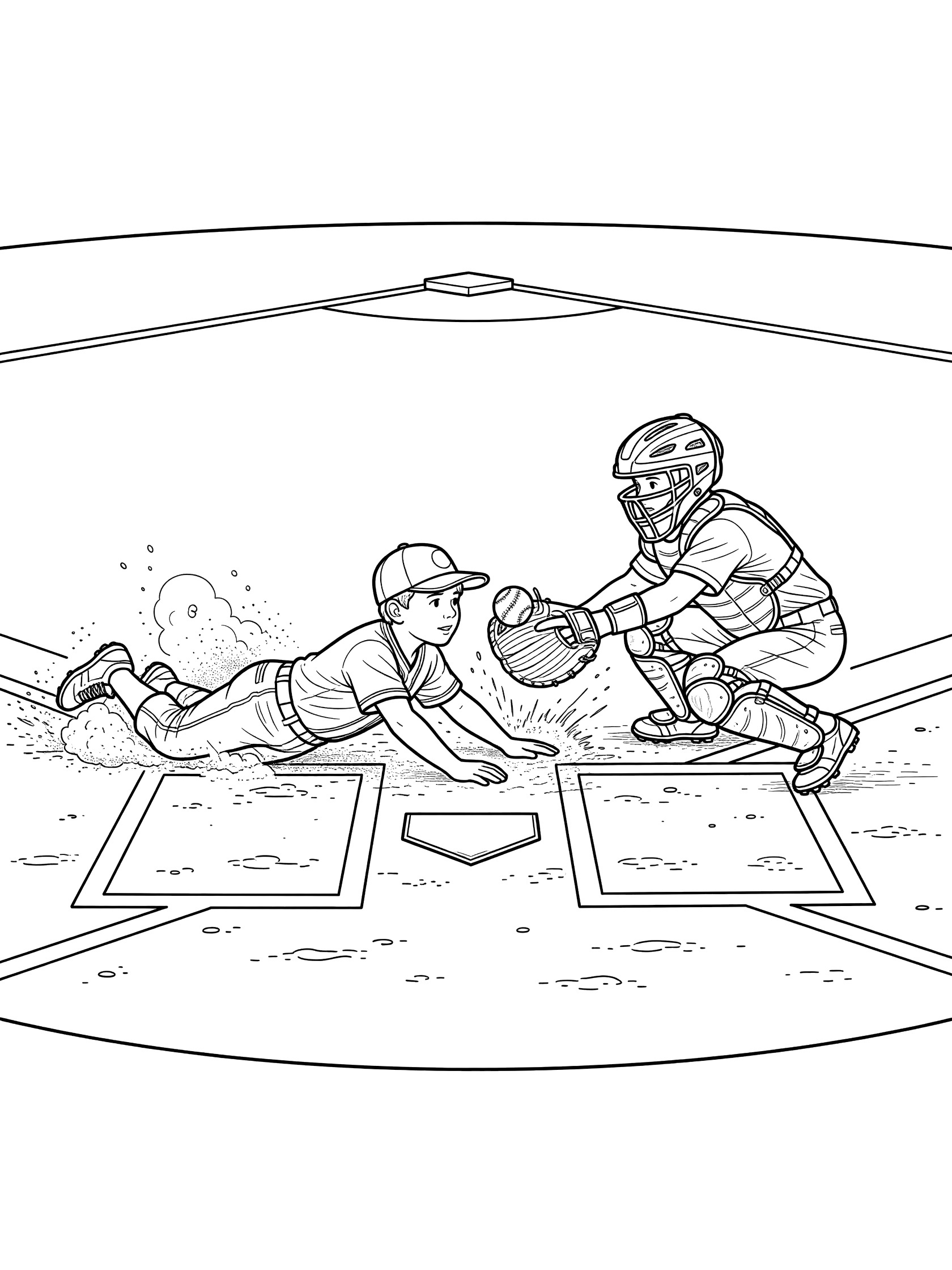 Black and white line art of baseball player doing a headfirst slide into home plate, catcher stretching with ball, bases and foul lines on the field.