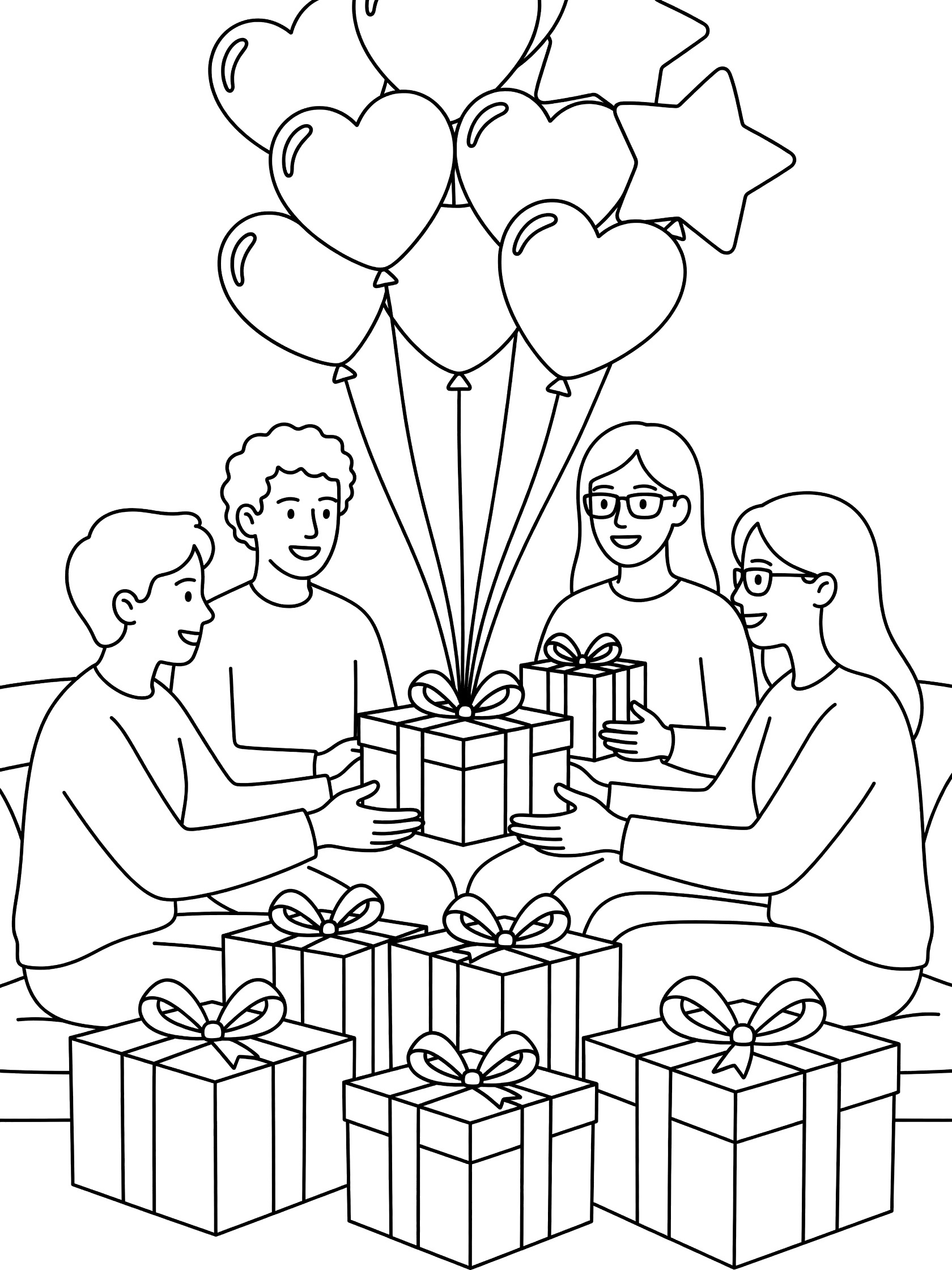 Line art coloring page showing a group of heart-shaped and star balloons floating above four friends sitting together exchanging beautifully wrapped gifts on Valentine's Day.
