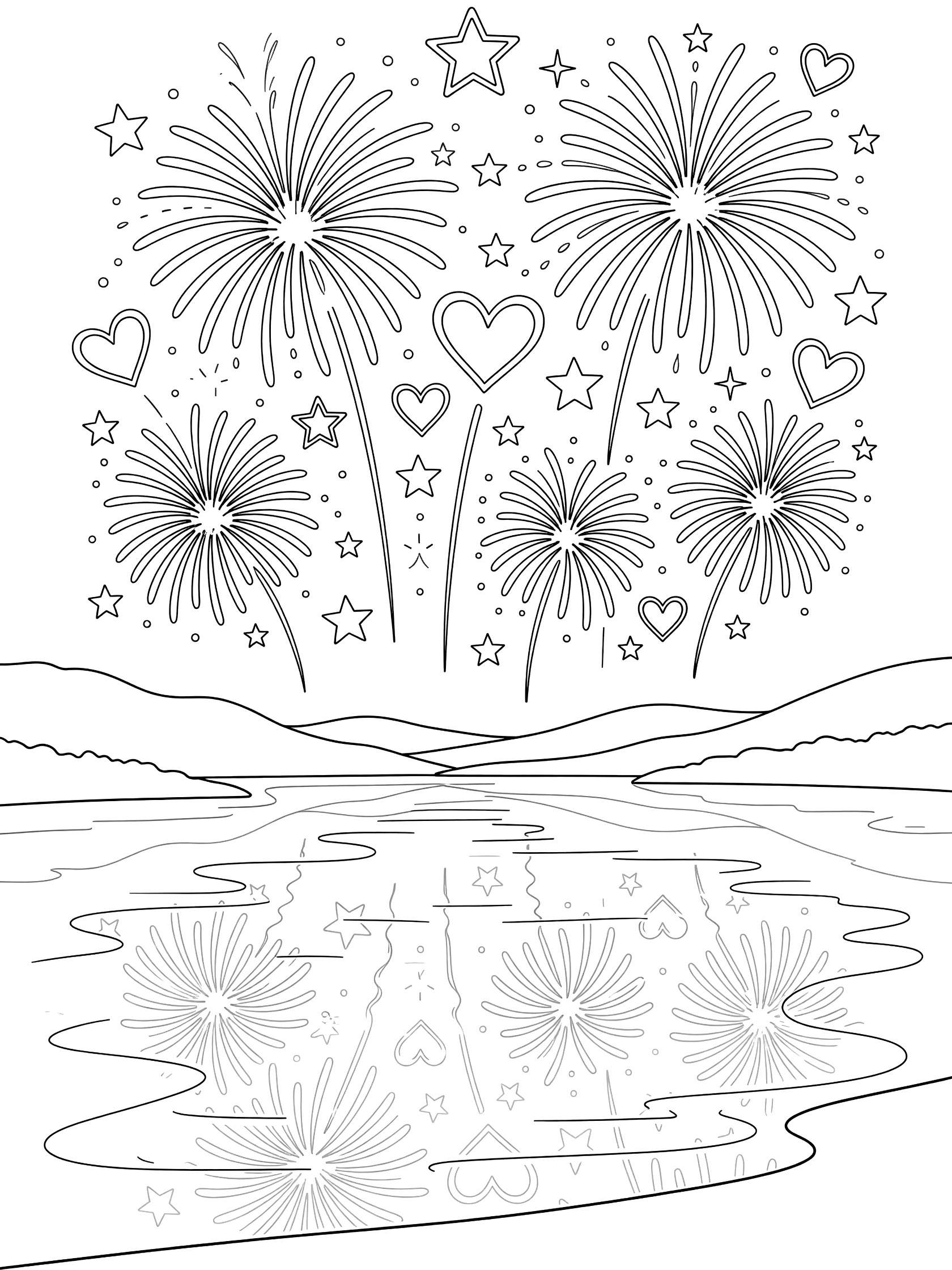 Black and white line art coloring page showing fireworks forming hearts and stars bursting over a lake that reflects the explosions, with hills in the background