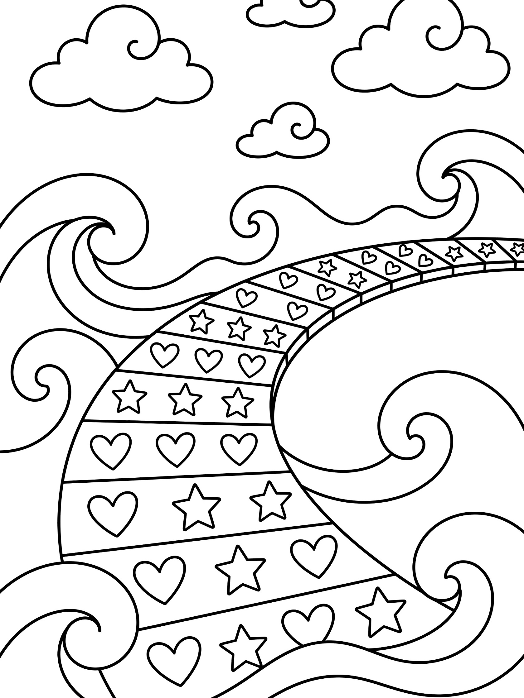 Black and white coloring page showing a curved jetty path with repeating heart and star patterns stretching over swirling ocean waves, with fluffy cloud doodles in the sky. Jetties themed black and white printable line art