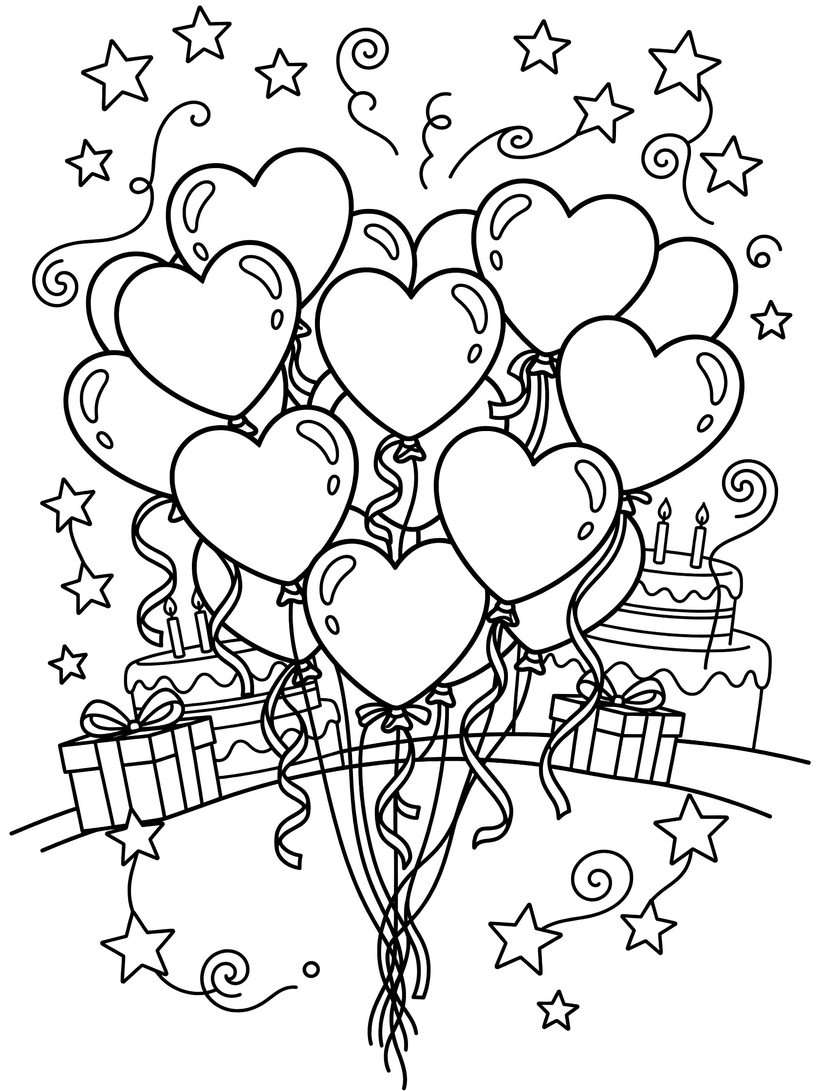 Black and white line art coloring page showing a cluster of heart balloons making a giant floating heart, with ribbons, stars, cake and gifts for birthdays