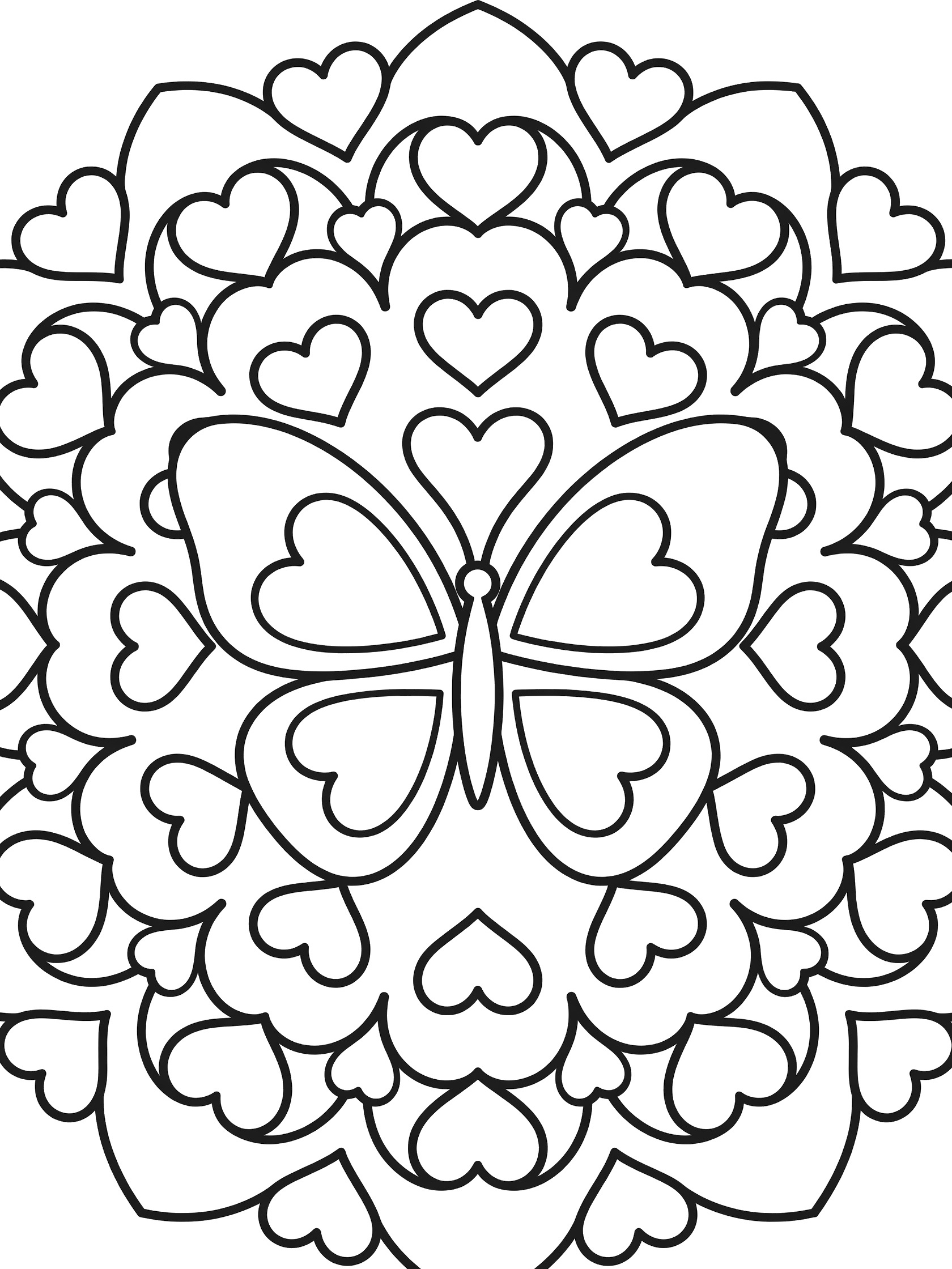 Black and white printable coloring page of a symmetric mandala featuring a central butterfly with heart-shaped wings surrounded by heart and bubble patterns.