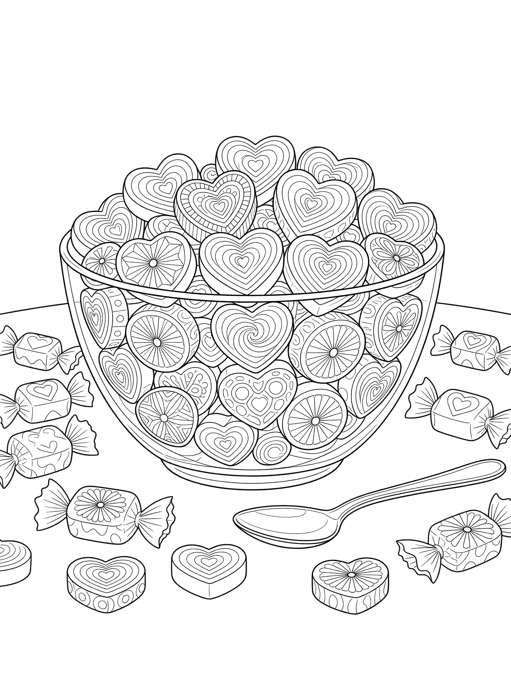 Black and white line art of heart candies overflowing from a glass bowl with wrappers and spoon for Valentine's Day coloring