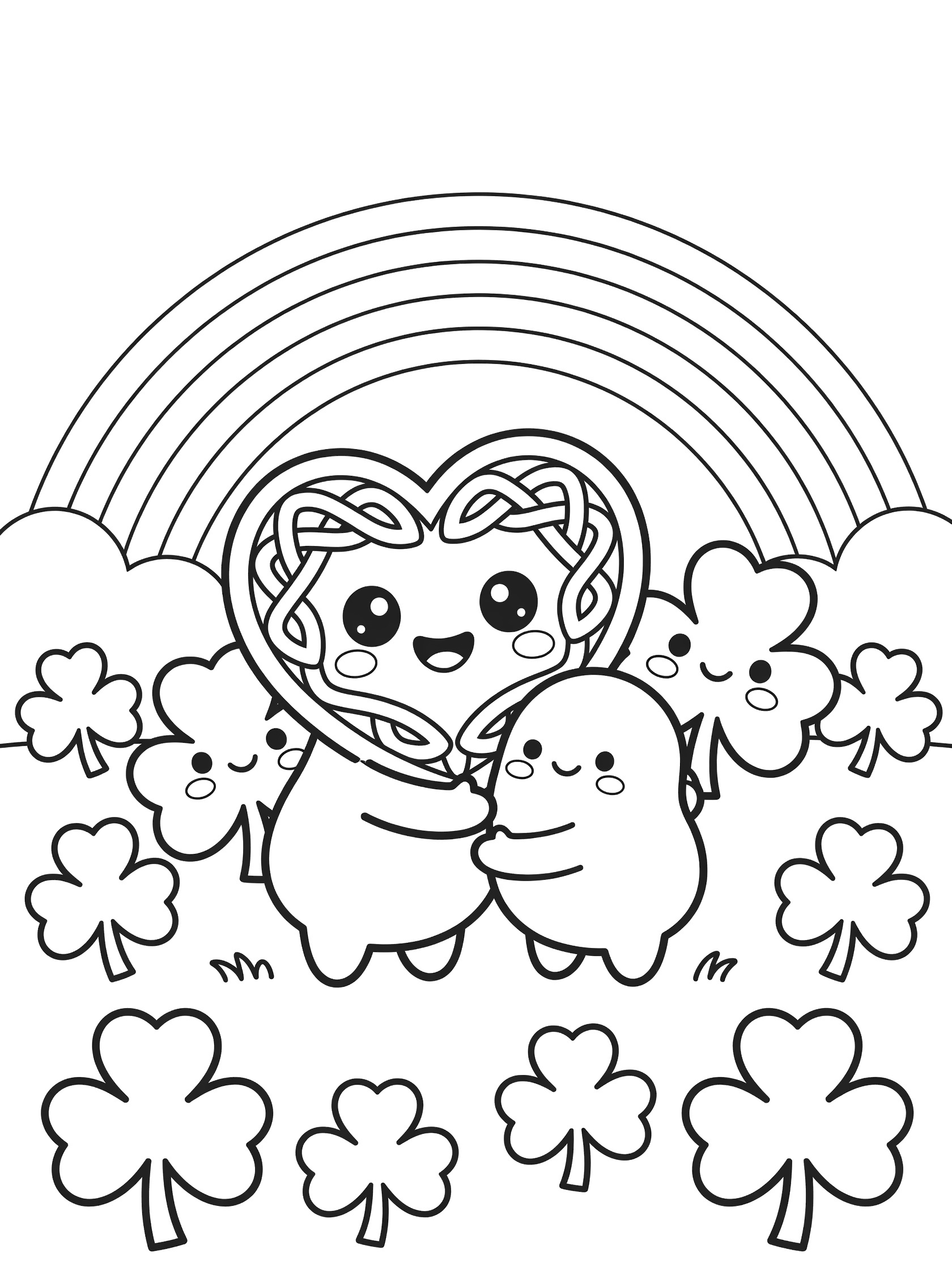 Black and white coloring page showing a kawaii heart Celtic knot with big eyes and smile hugging two chubby shamrocks, surrounded by clovers and a rainbow.