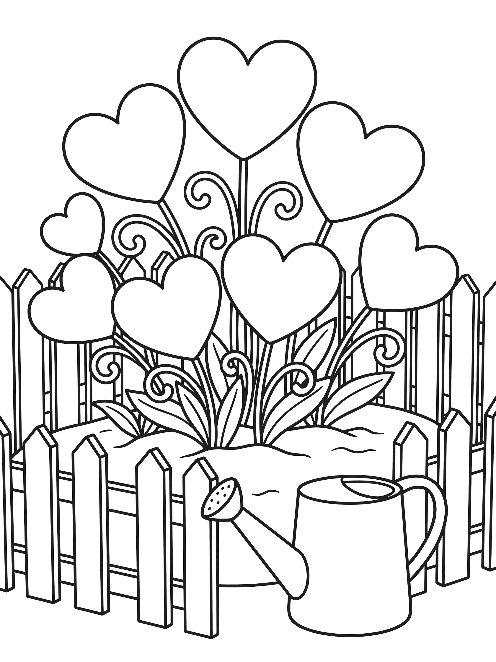 Black and white line art of heart-shaped flowers blooming in a Valentine's garden surrounded by picket fence and watering can