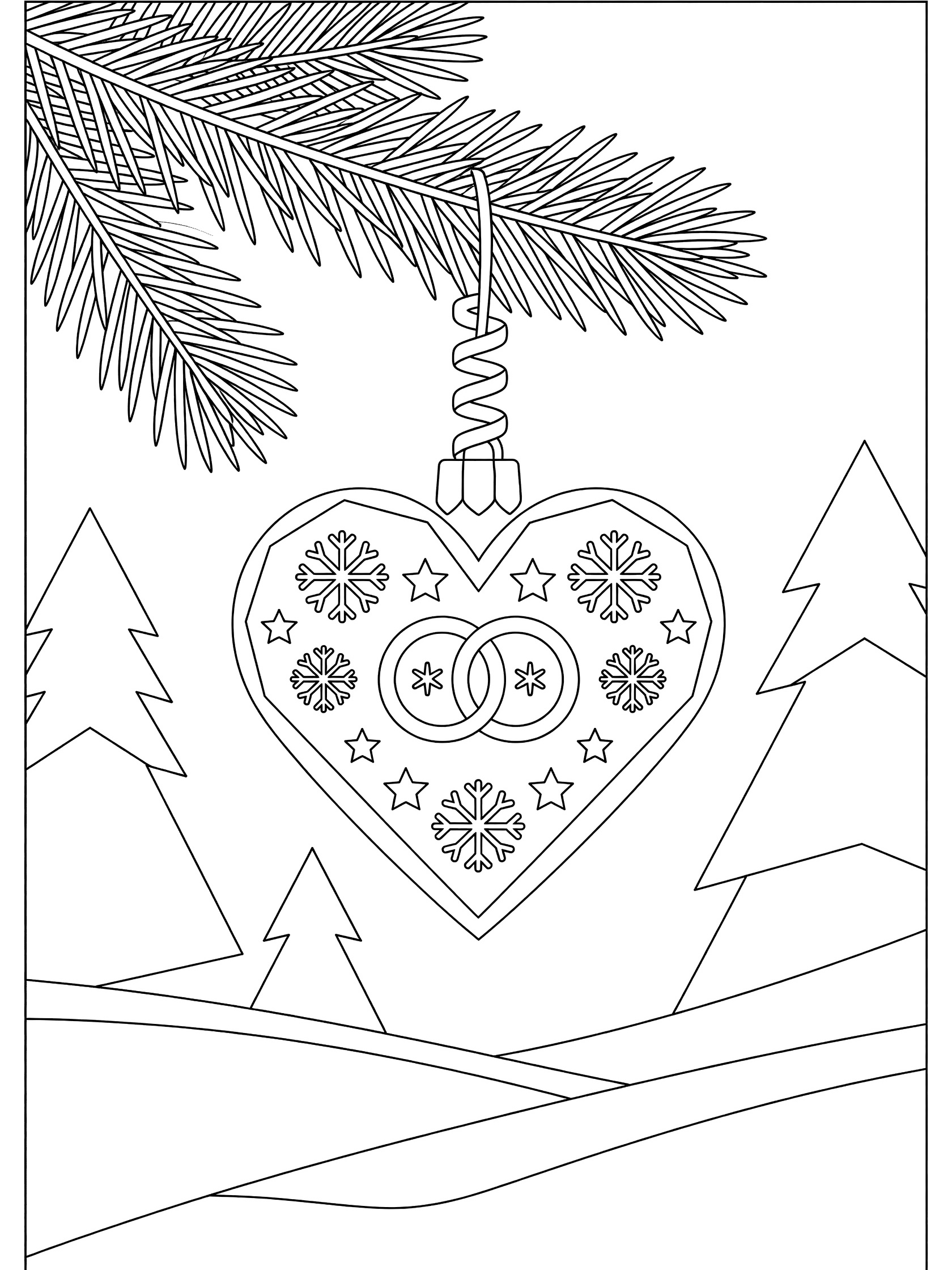 Black and white line art of a geometric heart Christmas ornament with rings, stars, and snowflakes hanging from pine tree branch.