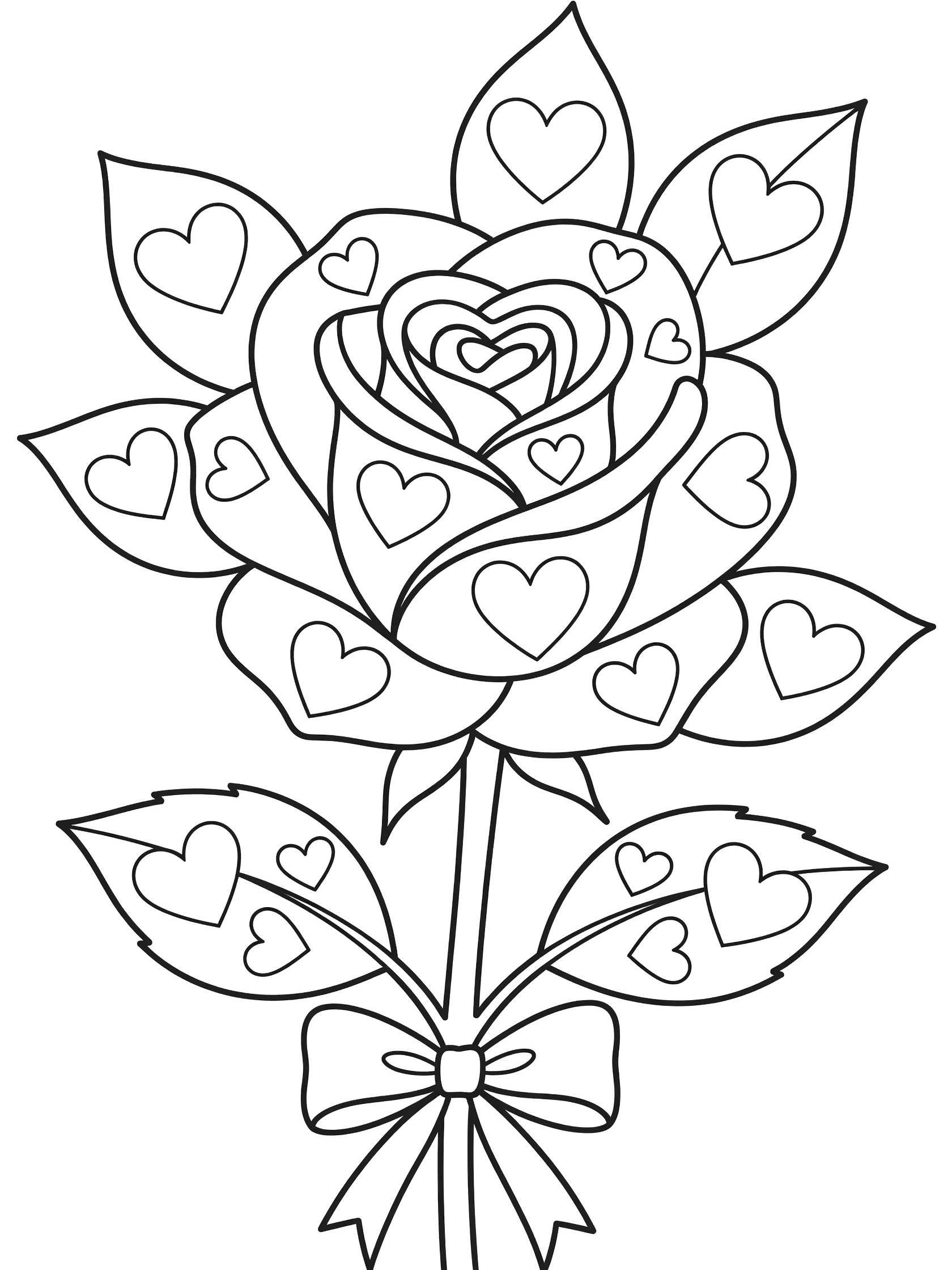 Black and white line art of a rose flower with heart-shaped petals and leaves, stem, and bow for coloring. Roses themed black and white printable line art