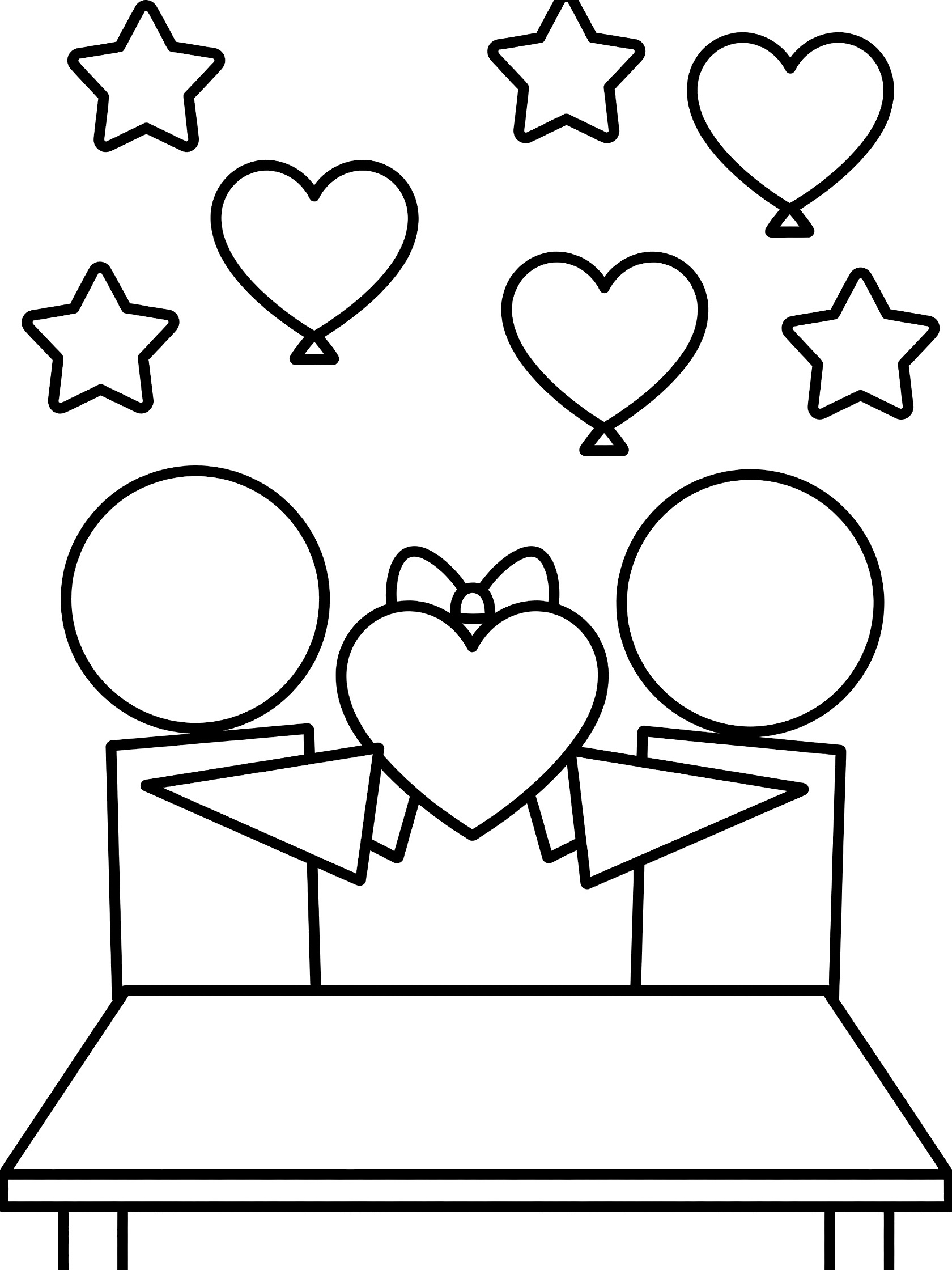 Black and white line art coloring page showing two geometric friends with circle heads and rectangle bodies holding large heart-shaped presents topped with bows, star and heart balloons floating above a table.