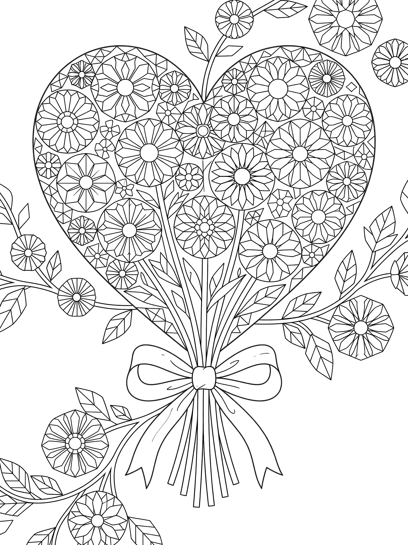 Intricate black and white line art of a heart-shaped flower bouquet with tessellated geometric petals, stems tied in a ribbon bow, and extending leaves and vines.