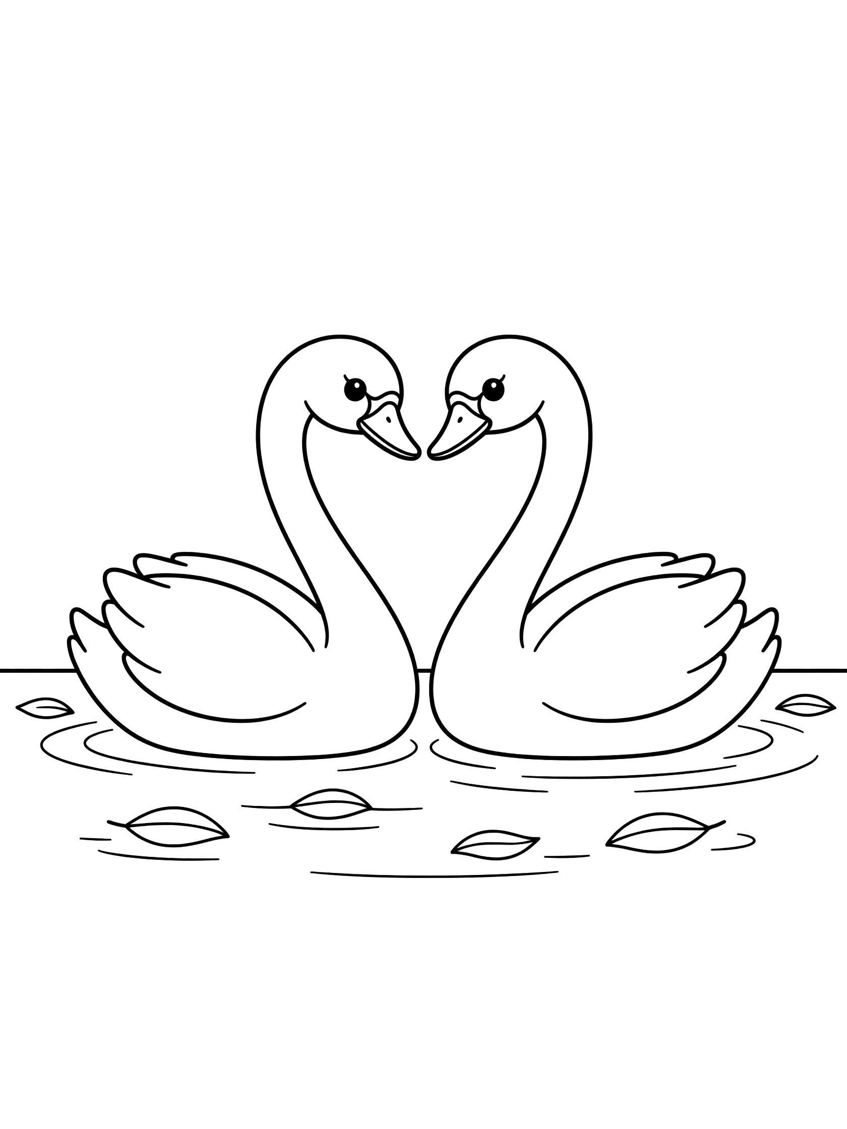 Black and white coloring page of two swans facing each other, necks forming a heart shape, sitting on water with floating leaves.