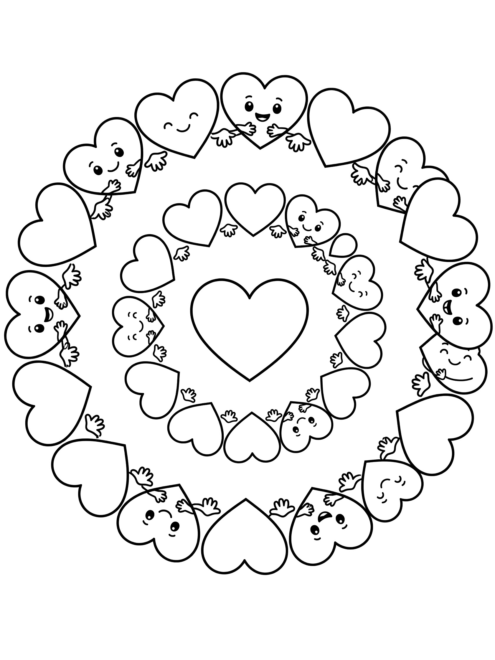 Cute cartoon heart spiral mandala line art coloring page featuring a central heart spiraling out into smaller smiling hearts with hands and hugs.
