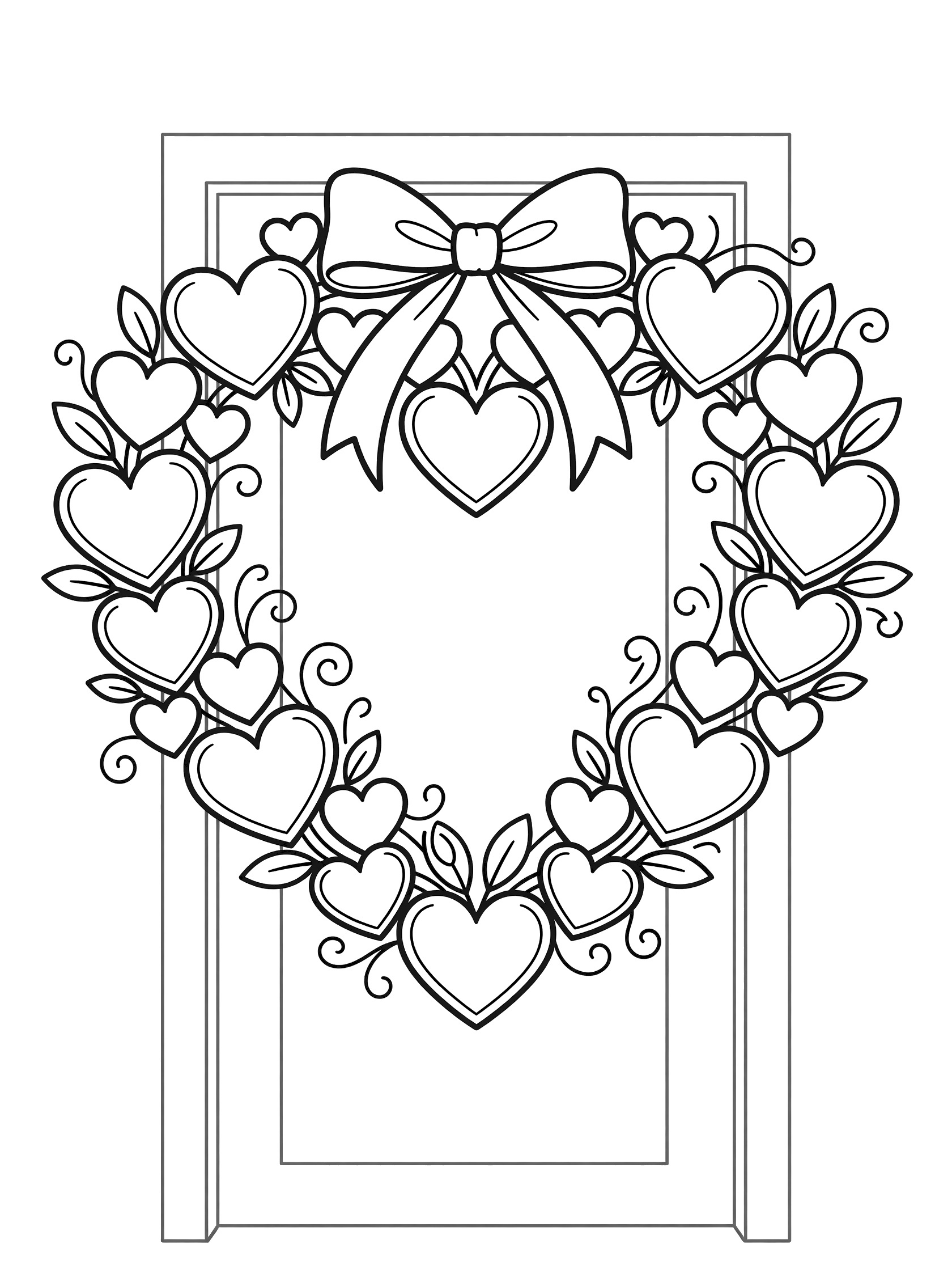 Black and white line art coloring page showing a large heart wreath made of intertwined smaller hearts with leaves and a ribbon bow on a front door for Valentine's Day