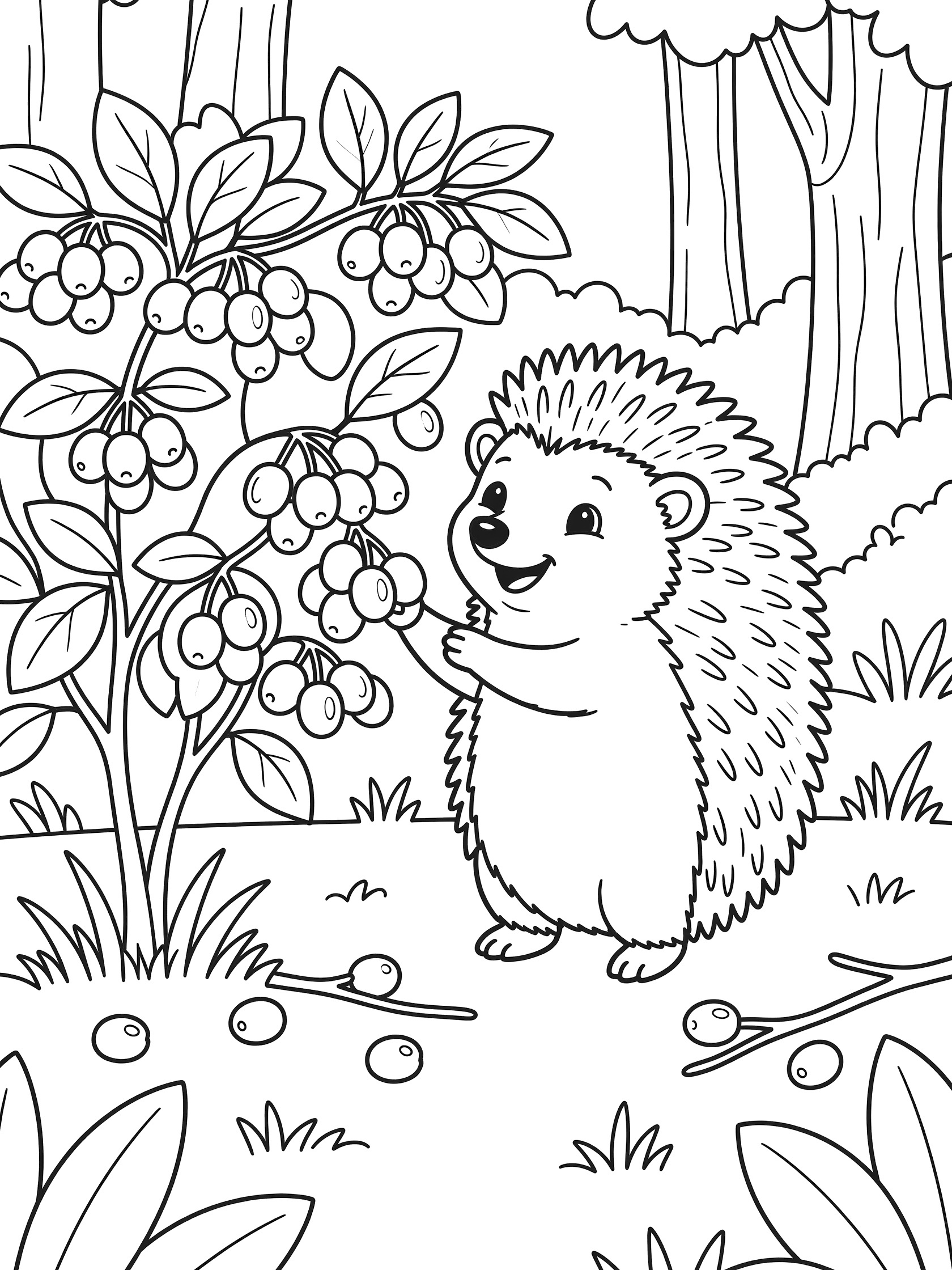 Black and white printable coloring page showing a cute hedgehog reaching for ripe berries on a bush surrounded by forest trees and grass.