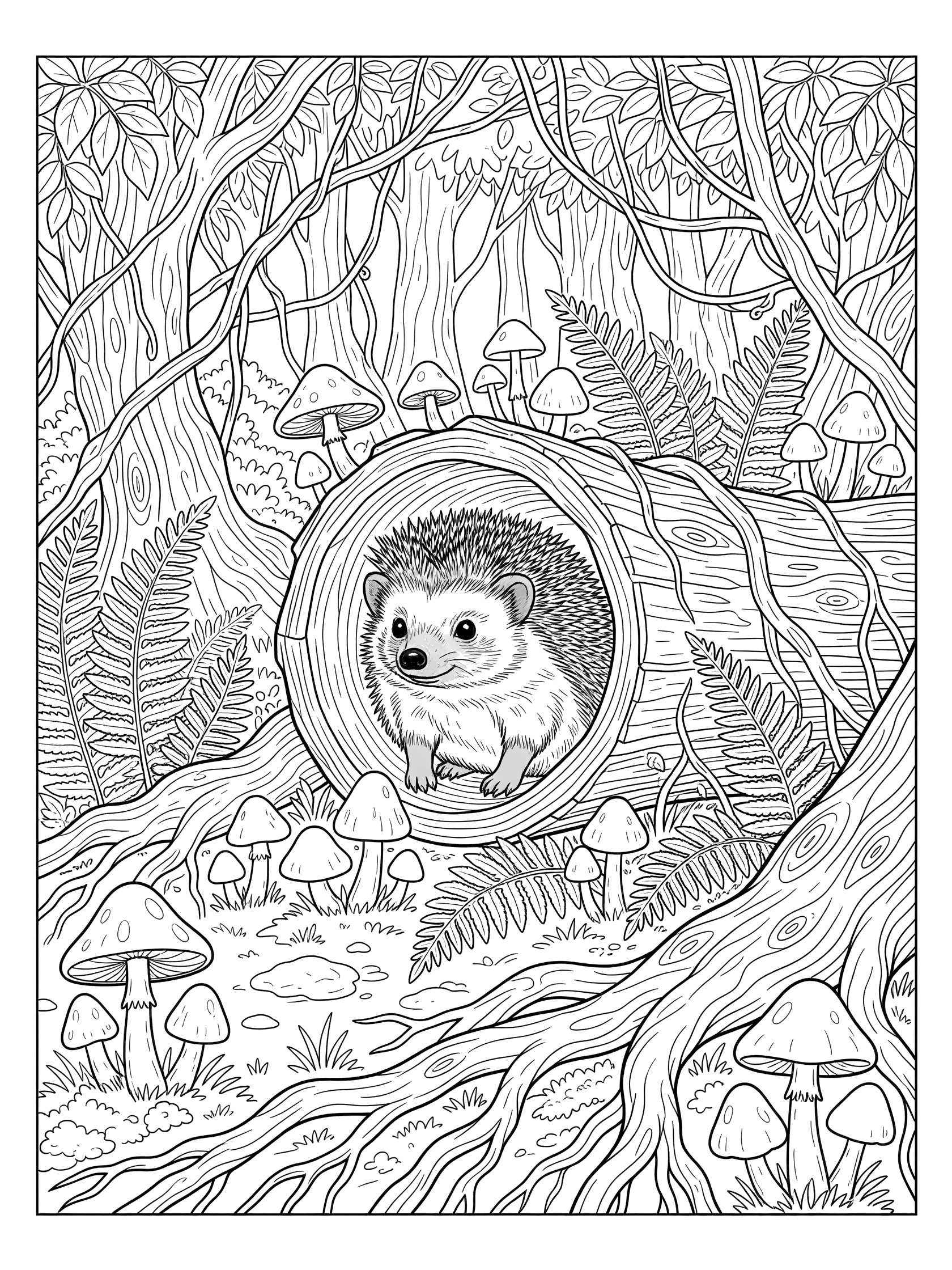 Black and white line art coloring page showing a hedgehog with spines peeking from inside a hollow log, with mushrooms, ferns, twisting roots, and detailed vines in a forest setting.