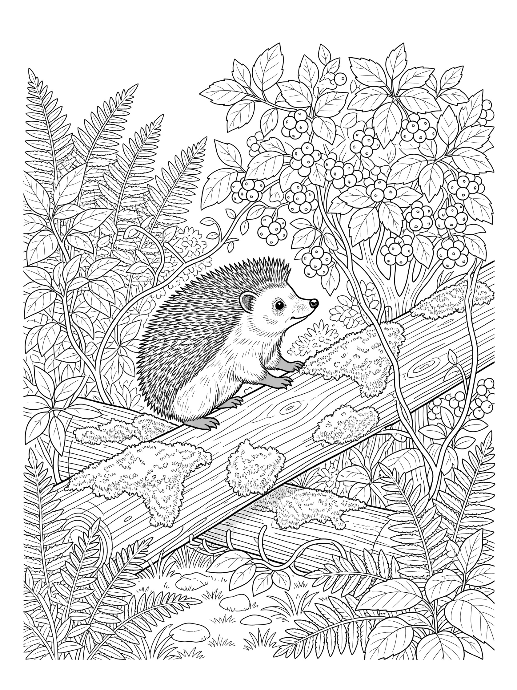 Black and white line drawing of a hedgehog sitting on a moss-covered log near a bush with berries and forest leaves.