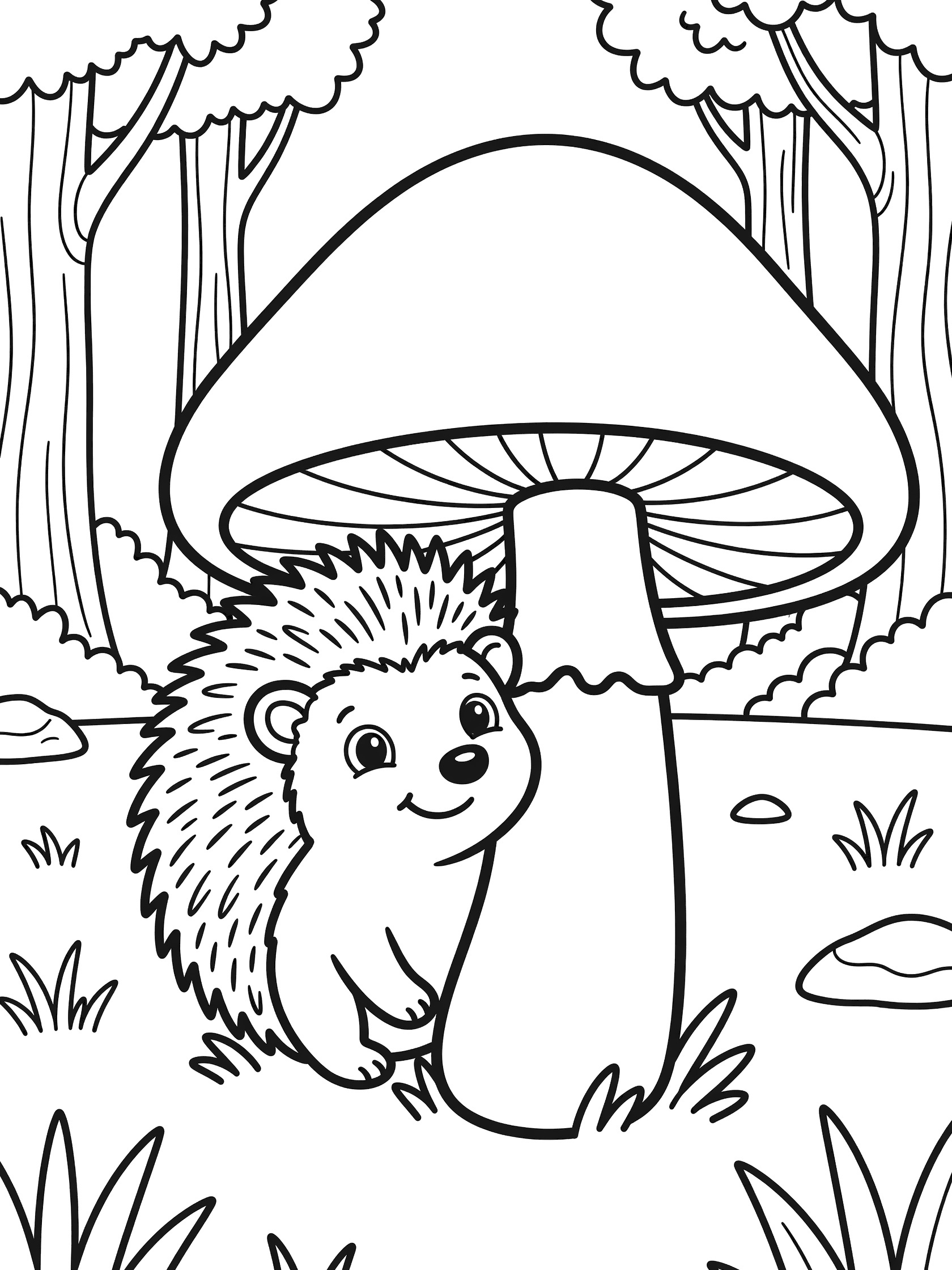 Black and white line art coloring page showing a friendly hedgehog with spiky back peeking out from behind a large mushroom in a forest clearing with trees, grass, and rocks.