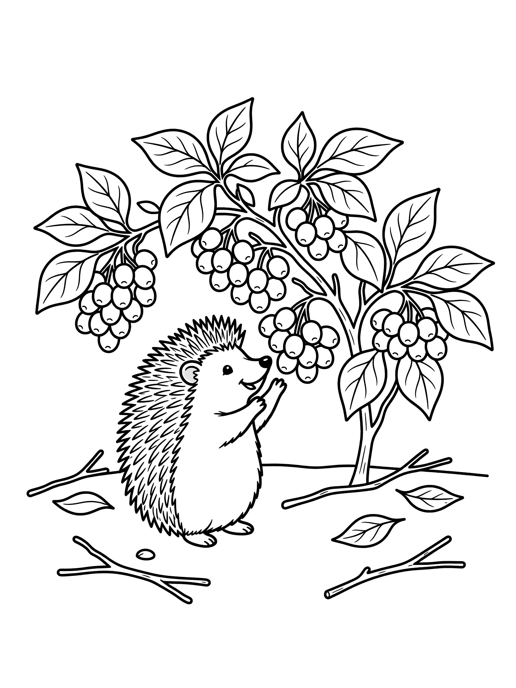 Black and white printable coloring page showing a cute hedgehog reaching up to pick ripe berries from a leafy bush surrounded by twigs and leaves on the ground.