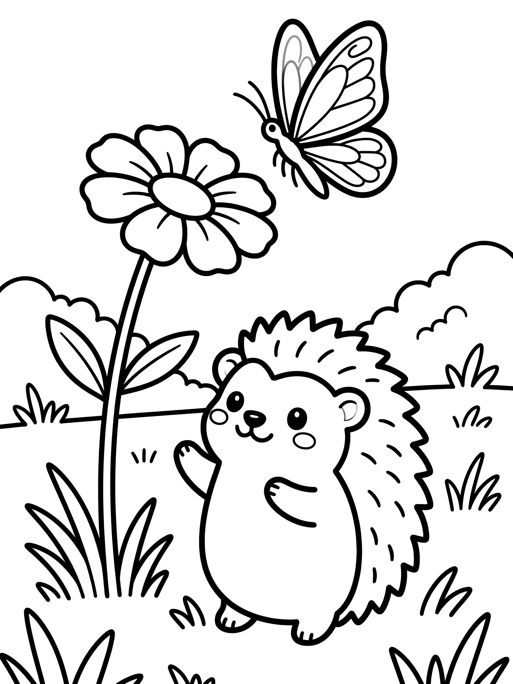 Black and white line drawing of a cute chubby hedgehog standing on hind legs reaching toward a butterfly perched on a flower stem surrounded by grass in a meadow