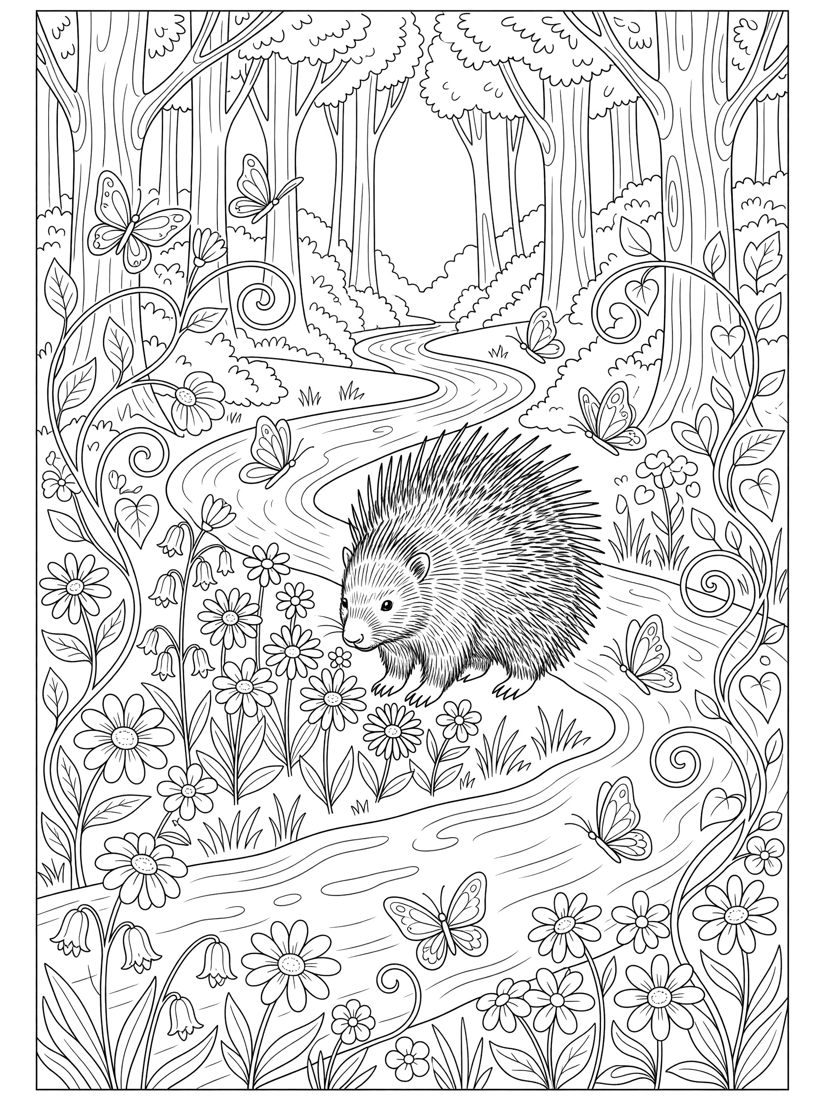 Black and white line art coloring page showing a hedgehog with quills sniffing a cluster of flowers by a winding forest stream, surrounded by vines, leaves, and butterflies. Porcupine themed black and white printable line art