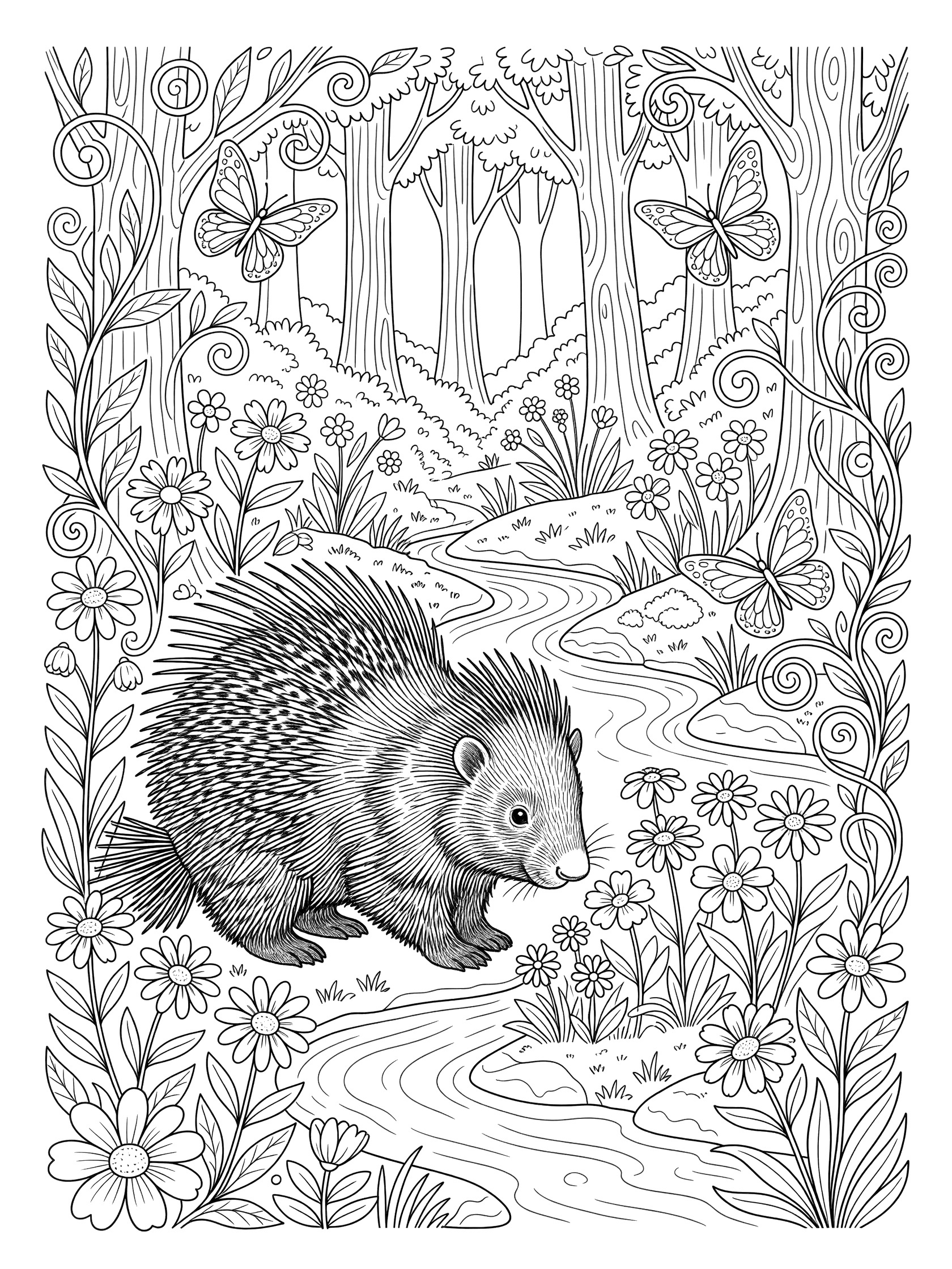 Black and white line art coloring page showing a hedgehog near a stream in the forest, surrounded by flowers, butterflies, trees, and vines.
