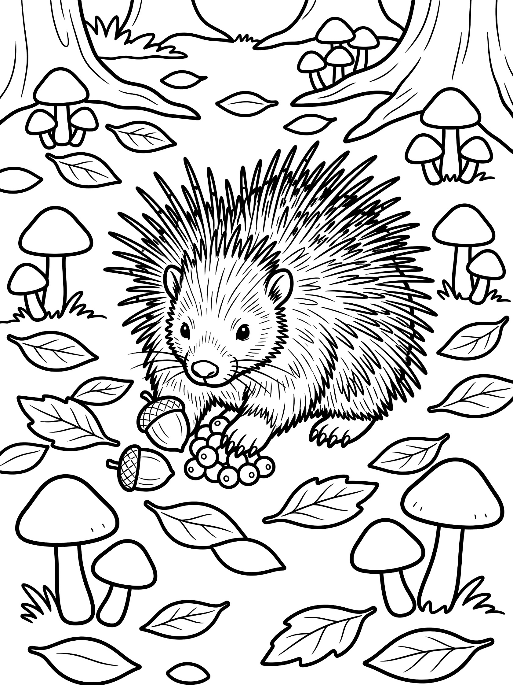Black and white line art coloring page showing a hedgehog holding an acorn and berries, surrounded by mushrooms, leaves, and forest trees. Porcupine themed black and white printable line art