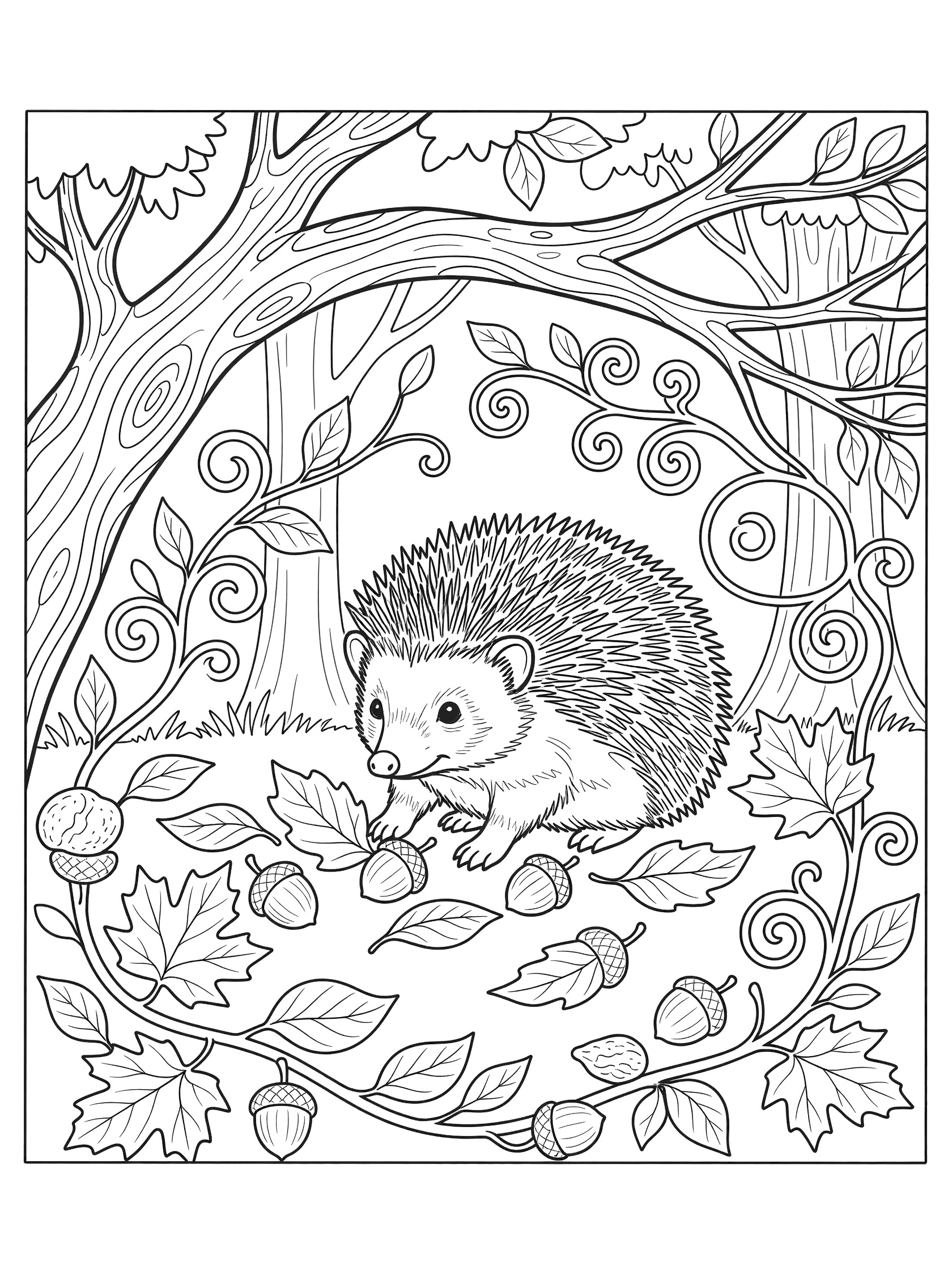 Black and white coloring page of a hedgehog with spiky back sitting on leaves and acorns under curly tree branches and swirling vines.