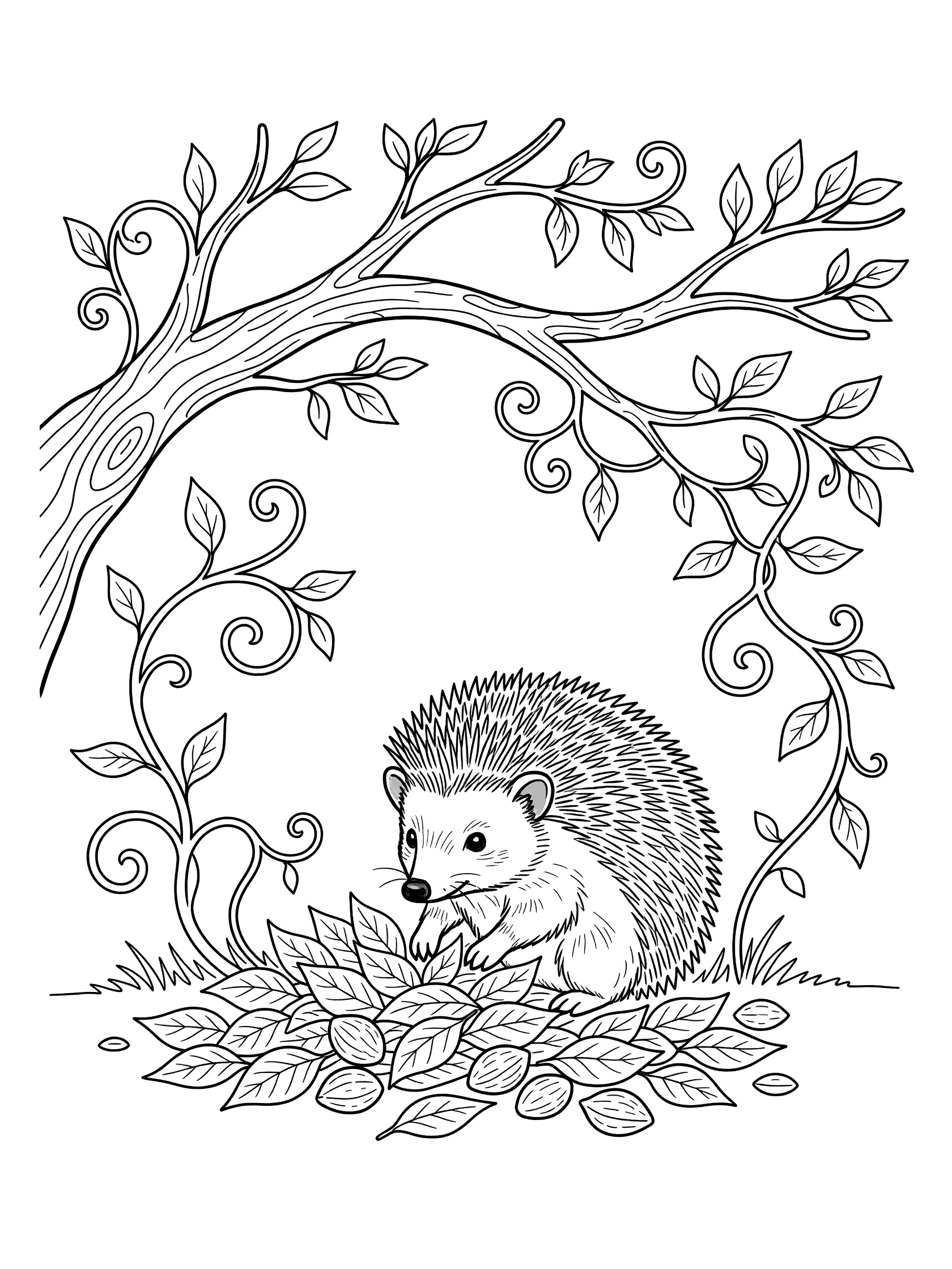 Black and white line drawing of a hedgehog with spiky back sitting on a pile of leaves, holding a leaf, under curved tree twigs and swirling vines.
