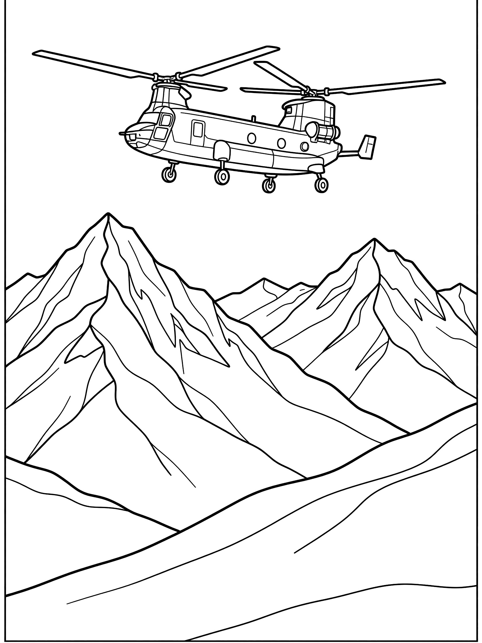 Black and white line art coloring page showing a tandem rotor helicopter flying over jagged mountains. Chinook Helicopter themed black and white printable line art